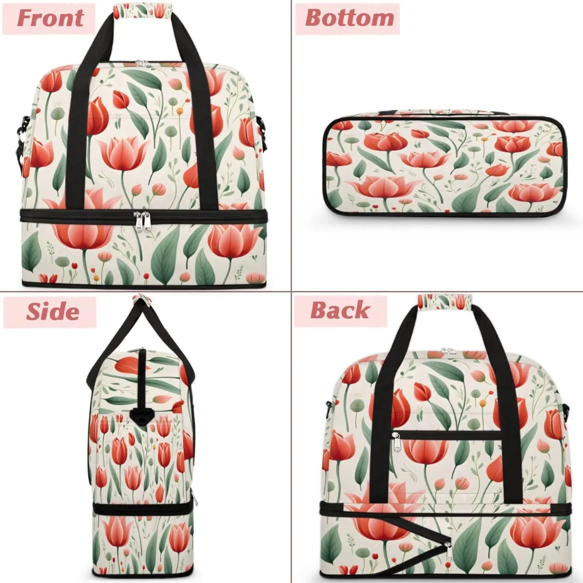 Tulips Floral Pattern Foldable Duffle Bag with Shoes Compartment Large Capacity Waterproof Travel Weekender Bag Overnight Bag for Sports Gym