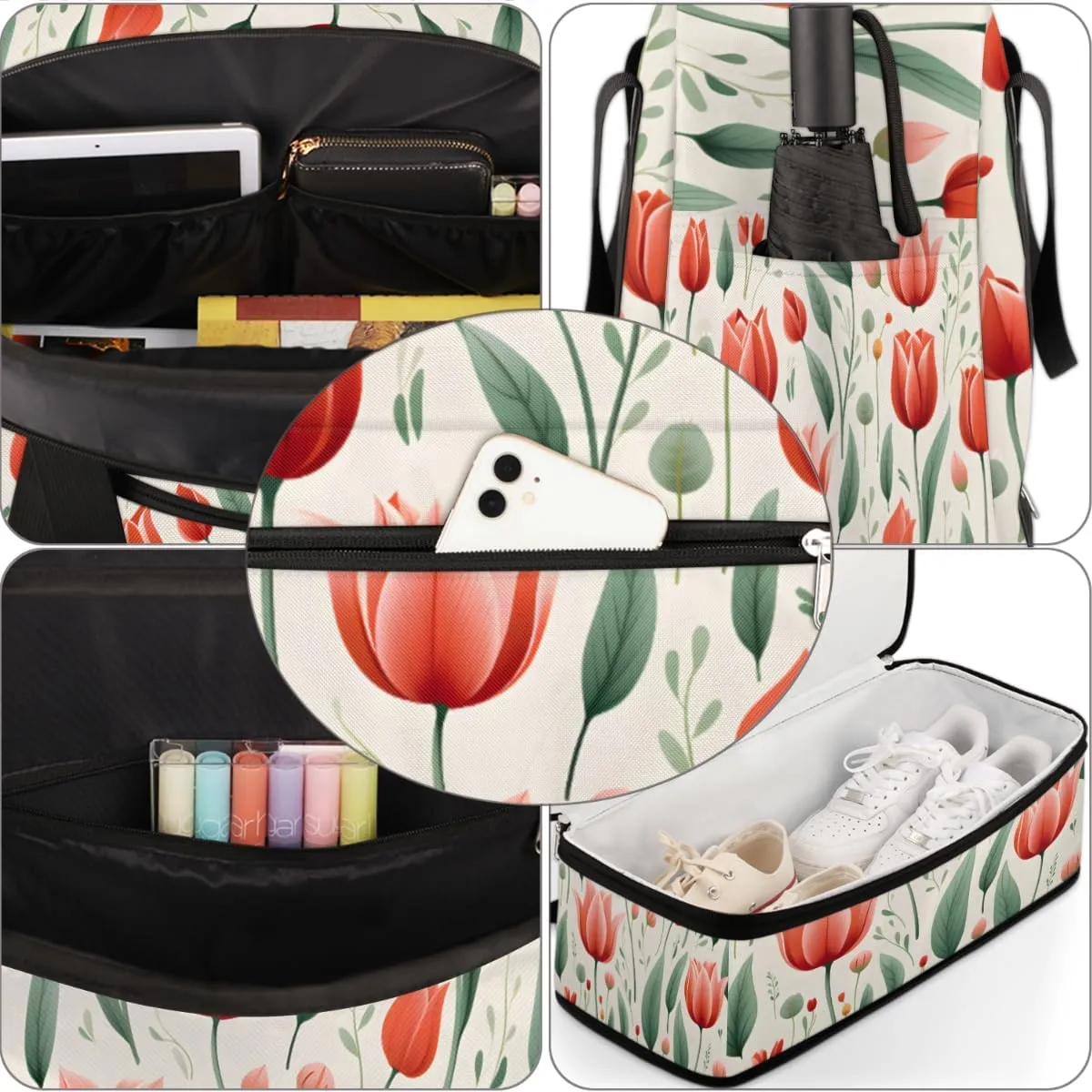 Tulips Floral Pattern Foldable Duffle Bag with Shoes Compartment Large Capacity Waterproof Travel Weekender Bag Overnight Bag for Sports Gym