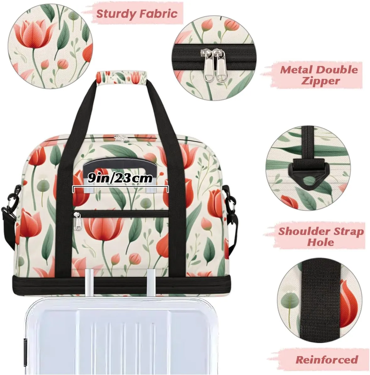 Tulips Floral Pattern Foldable Duffle Bag with Shoes Compartment Large Capacity Waterproof Travel Weekender Bag Overnight Bag for Sports Gym