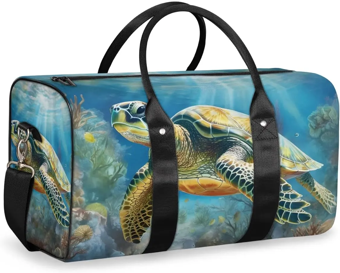 Turtle Print Travel Duffel Bag for Women Men Waterproof Foldable Overnight Weekender Bag Large Capacity Sports Gym Bag