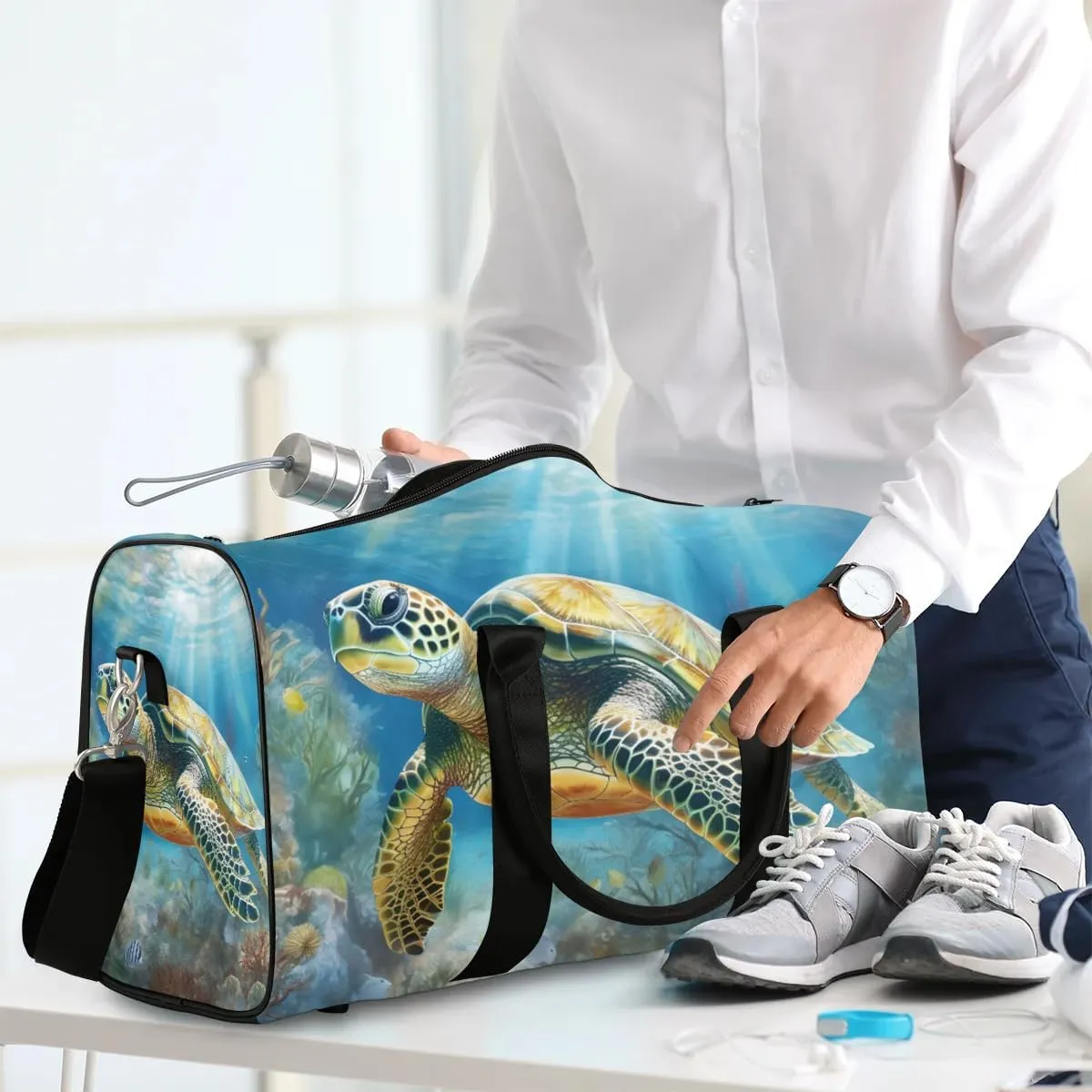 Turtle Print Travel Duffel Bag for Women Men Waterproof Foldable Overnight Weekender Bag Large Capacity Sports Gym Bag
