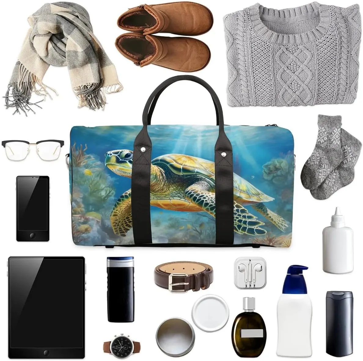 Turtle Print Travel Duffel Bag for Women Men Waterproof Foldable Overnight Weekender Bag Large Capacity Sports Gym Bag