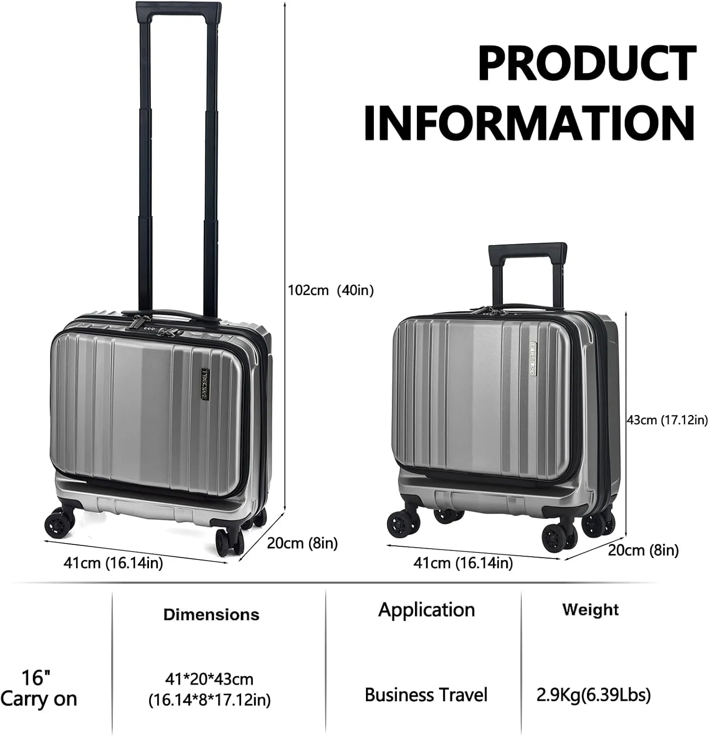 TydeCkare 16" Carry on Luggage with 2 Laptop Compartments, Lightweight Hardshell ABS PC Suitcase with Dual Control TSA Lock, with YKK Zipper, 4 Spinner Silent Wheels, for Business Travel, Silver Grey