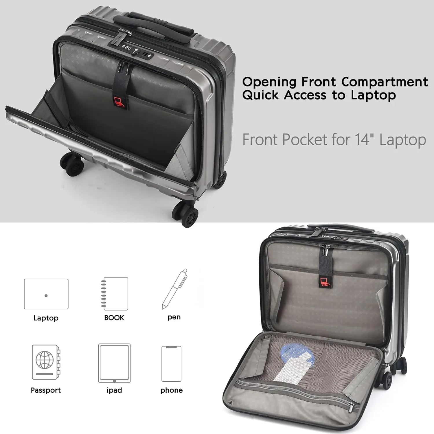 TydeCkare 16" Carry on Luggage with 2 Laptop Compartments, Lightweight Hardshell ABS PC Suitcase with Dual Control TSA Lock, with YKK Zipper, 4 Spinner Silent Wheels, for Business Travel, Silver Grey