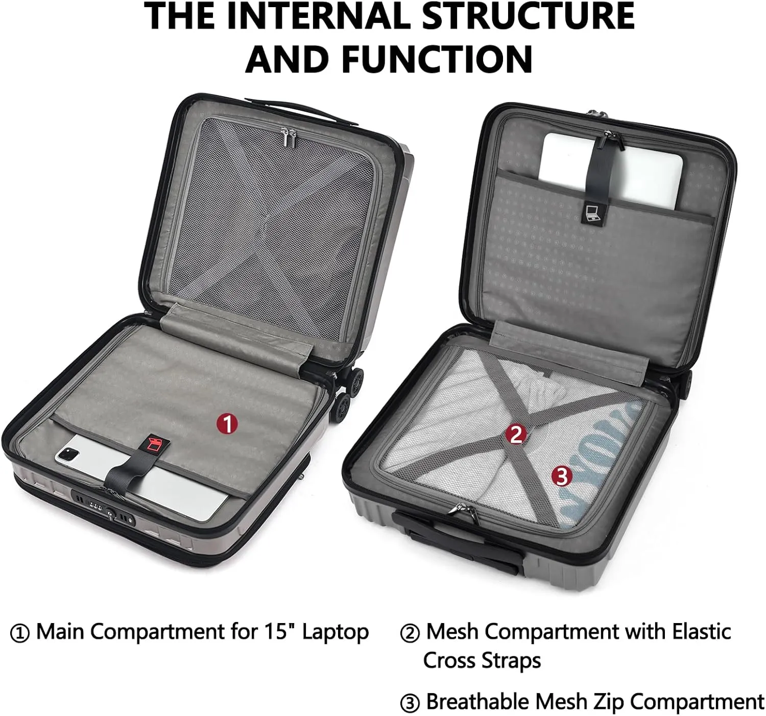 TydeCkare 16" Carry on Luggage with 2 Laptop Compartments, Lightweight Hardshell ABS PC Suitcase with Dual Control TSA Lock, with YKK Zipper, 4 Spinner Silent Wheels, for Business Travel, Silver Grey