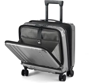 TydeCkare 16" Carry on Luggage with 2 Laptop Compartments, Lightweight Hardshell ABS PC Suitcase with Dual Control TSA Lock, with YKK Zipper, 4 Spinner Silent Wheels, for Business Travel, Silver Grey