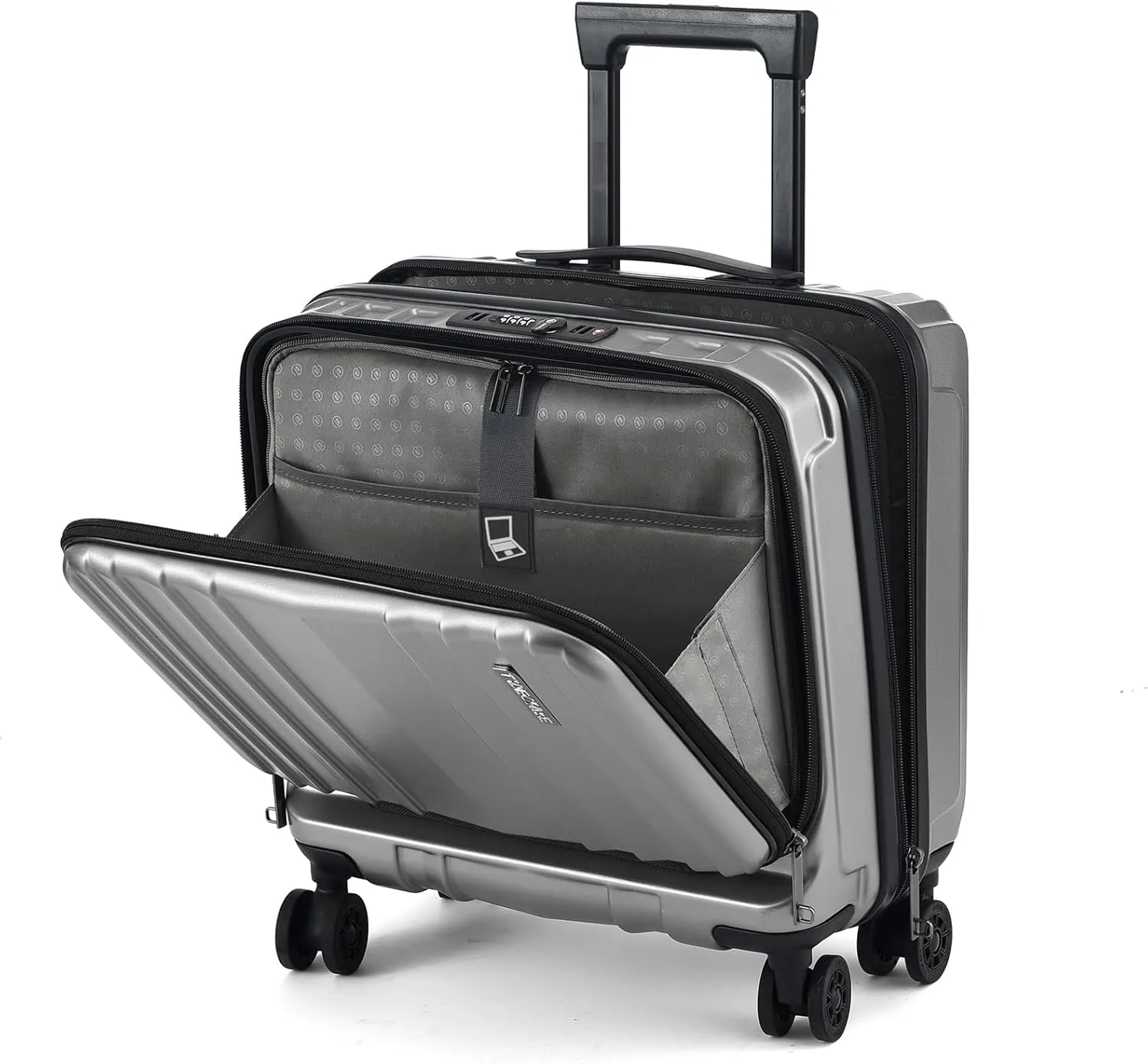 TydeCkare 16" Carry on Luggage with 2 Laptop Compartments, Lightweight Hardshell ABS PC Suitcase with Dual Control TSA Lock, with YKK Zipper, 4 Spinner Silent Wheels, for Business Travel, Silver Grey