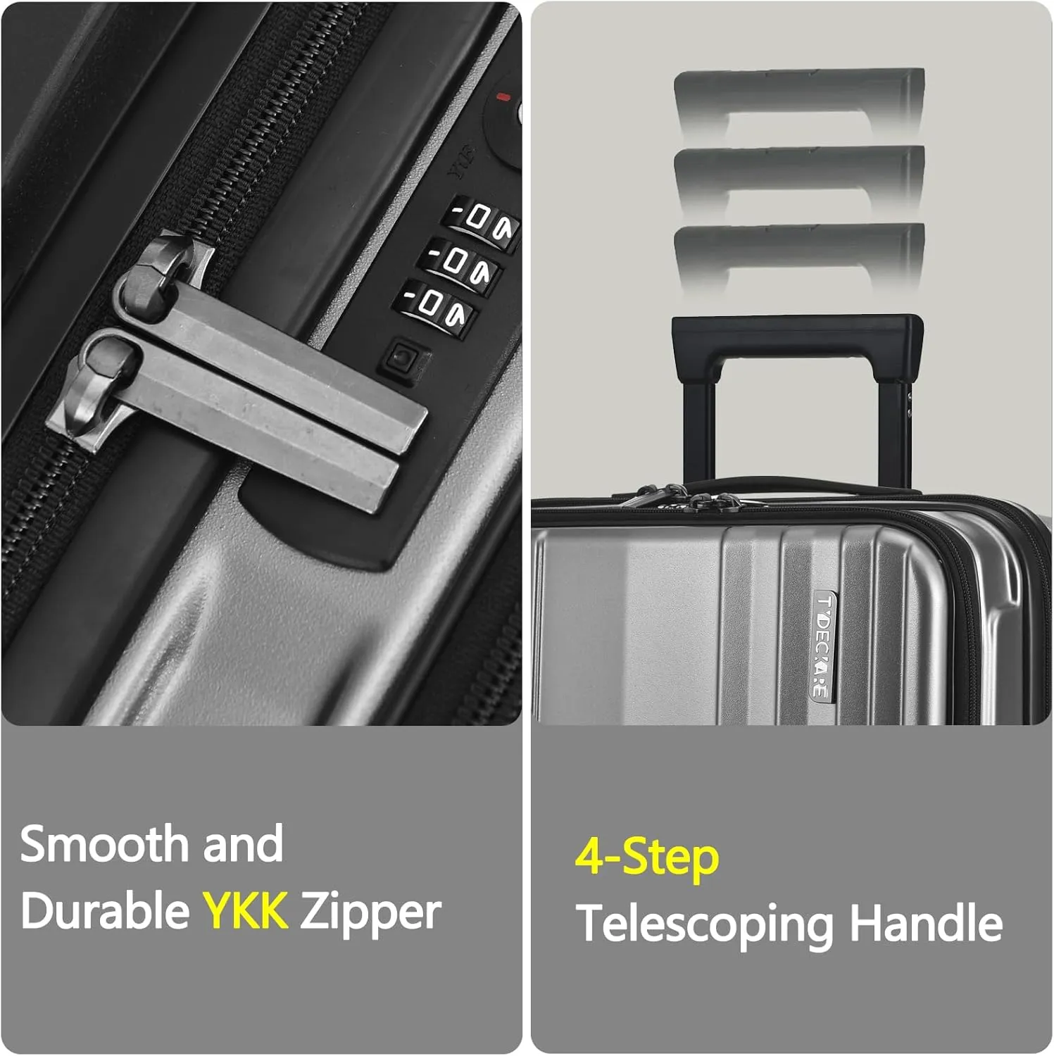TydeCkare 16" Carry on Luggage with 2 Laptop Compartments, Lightweight Hardshell ABS PC Suitcase with Dual Control TSA Lock, with YKK Zipper, 4 Spinner Silent Wheels, for Business Travel, Silver Grey