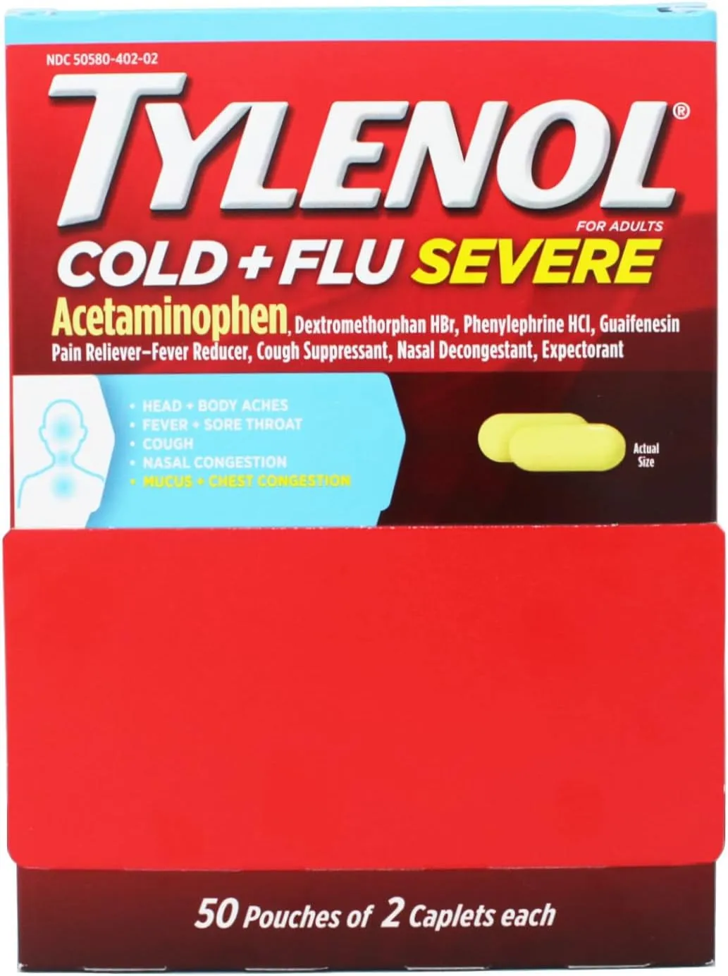 Tylenol Cold   Flu Severe Medicine Caplets for Cold, Flu, Fever & Cough Relief, 50 Pouches of 2 ct.