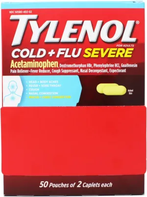 Tylenol Cold   Flu Severe Medicine Caplets for Cold, Flu, Fever & Cough Relief, 50 Pouches of 2 ct.