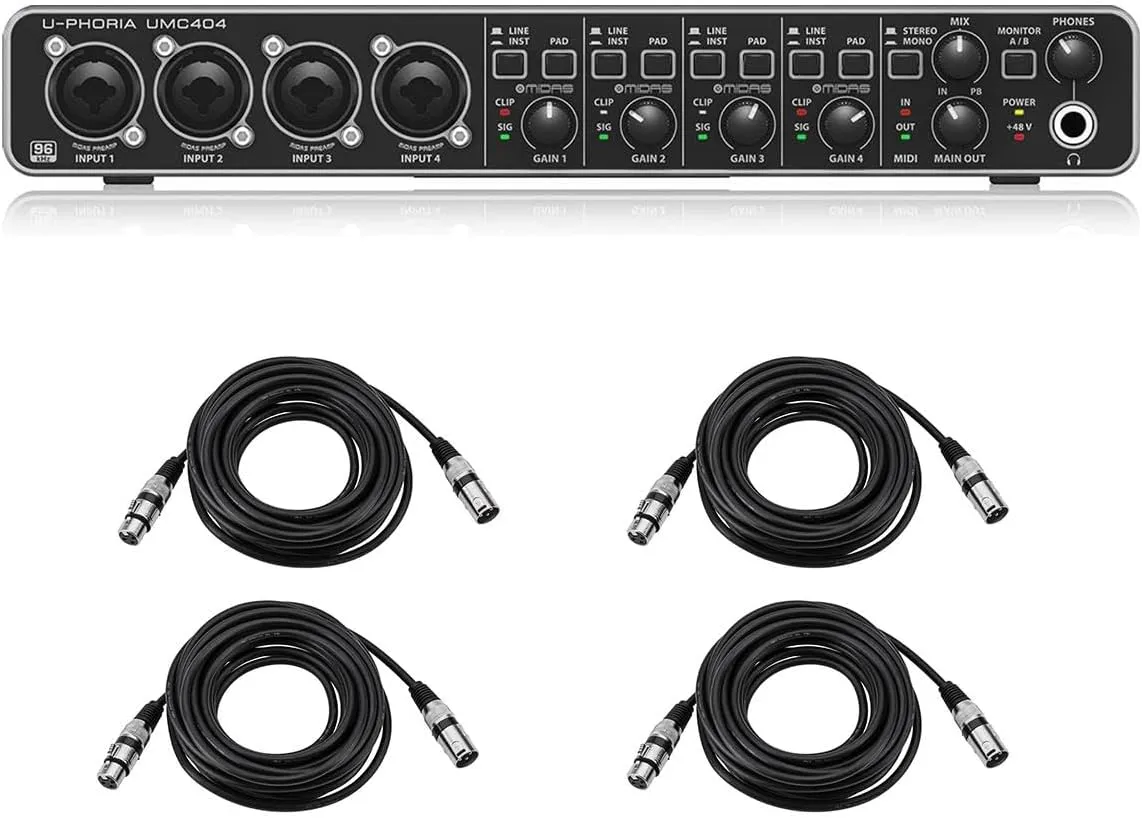 U-PHORIA UMC404HD USB Audio Interface, Audiophile 4x4, 24-Bit/192 kHz USB Audio/MIDI Interface with Midas Mic Preamplifiers Bundle with 4x 25' XLR M to F Microphone Cables (5 Items)