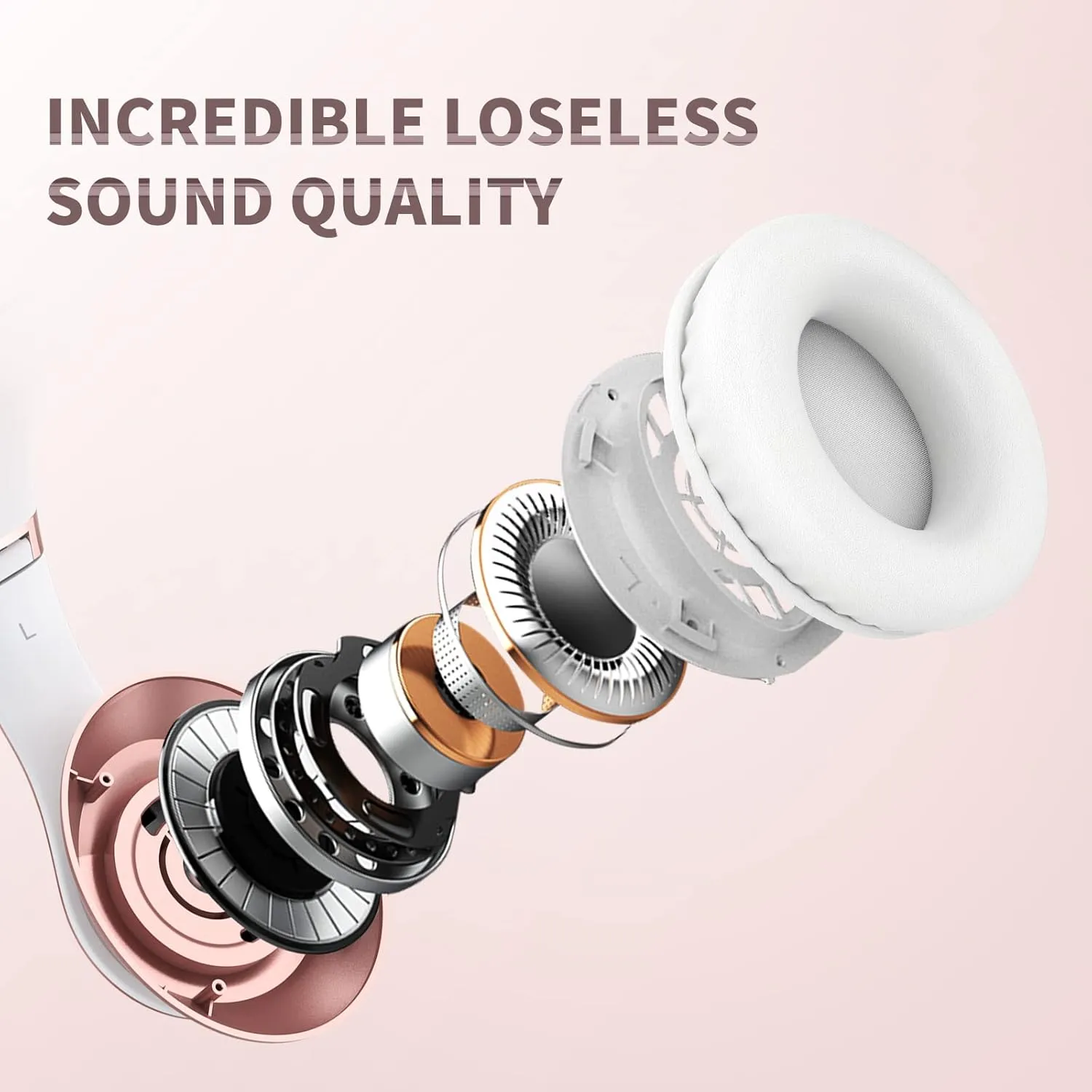 Uliptz Wireless Bluetooth Headphones, 65H Playtime, 6EQ Sound Modes, HiFi Stereo Over Ear Headphones with Microphone, Foldable Bluetooth 5.3 Headphone for Travel/Office/Cellphone/PC (Rose Gold)