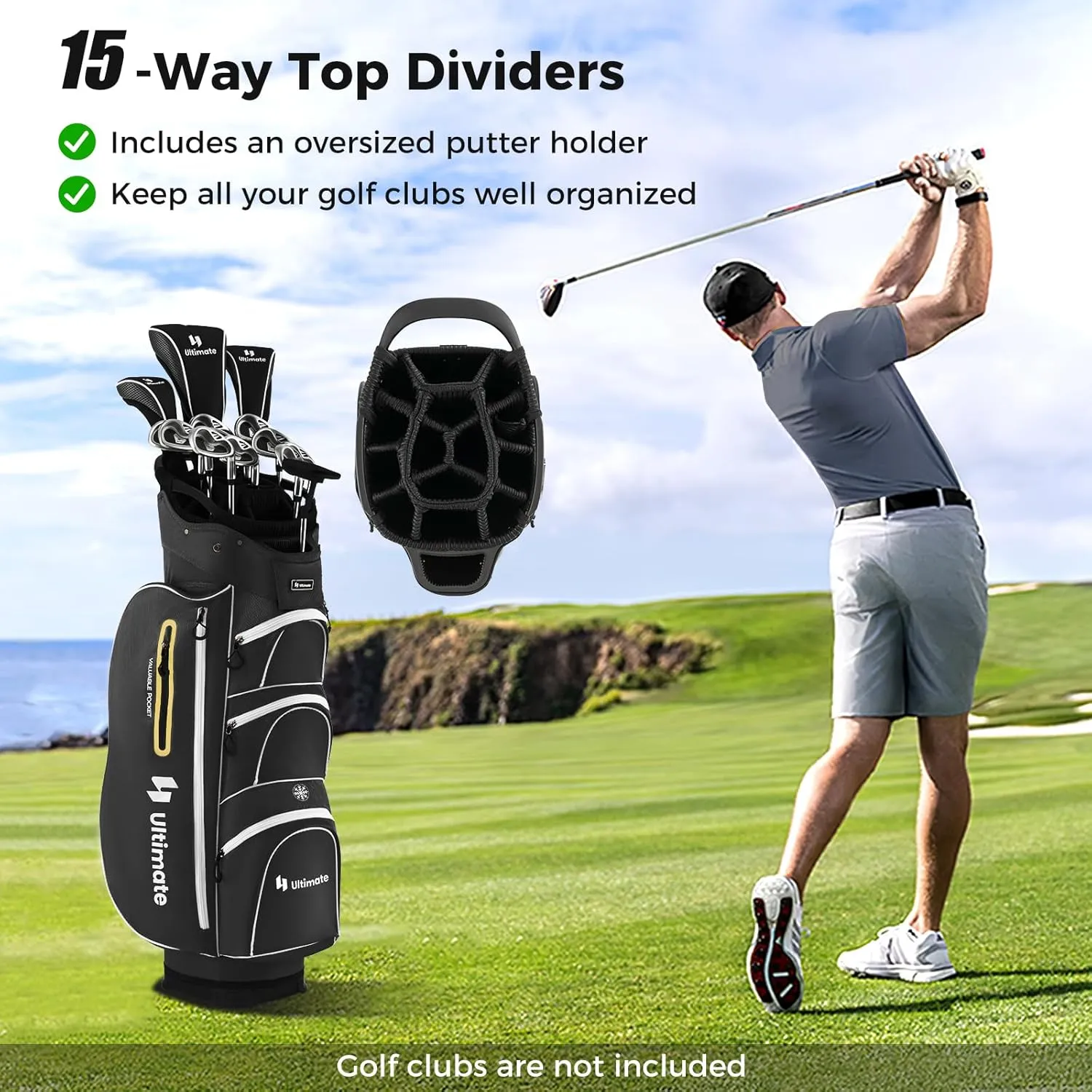 ULTIMATE Golf Cart Bag w/ 15-Way Top Dividers, Lightweight Portable Golf Club Bag w/Individual Putter Holder, 7 Pockets, Cooler Bag, Rain Hood, Umbrella Holder, Padded Shoulder Strap & Handle