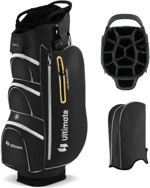 ULTIMATE Golf Cart Bag w/ 15-Way Top Dividers, Lightweight Portable Golf Club Bag w/Individual Putter Holder, 7 Pockets, Cooler Bag, Rain Hood, Umbrella Holder, Padded Shoulder Strap & Handle
