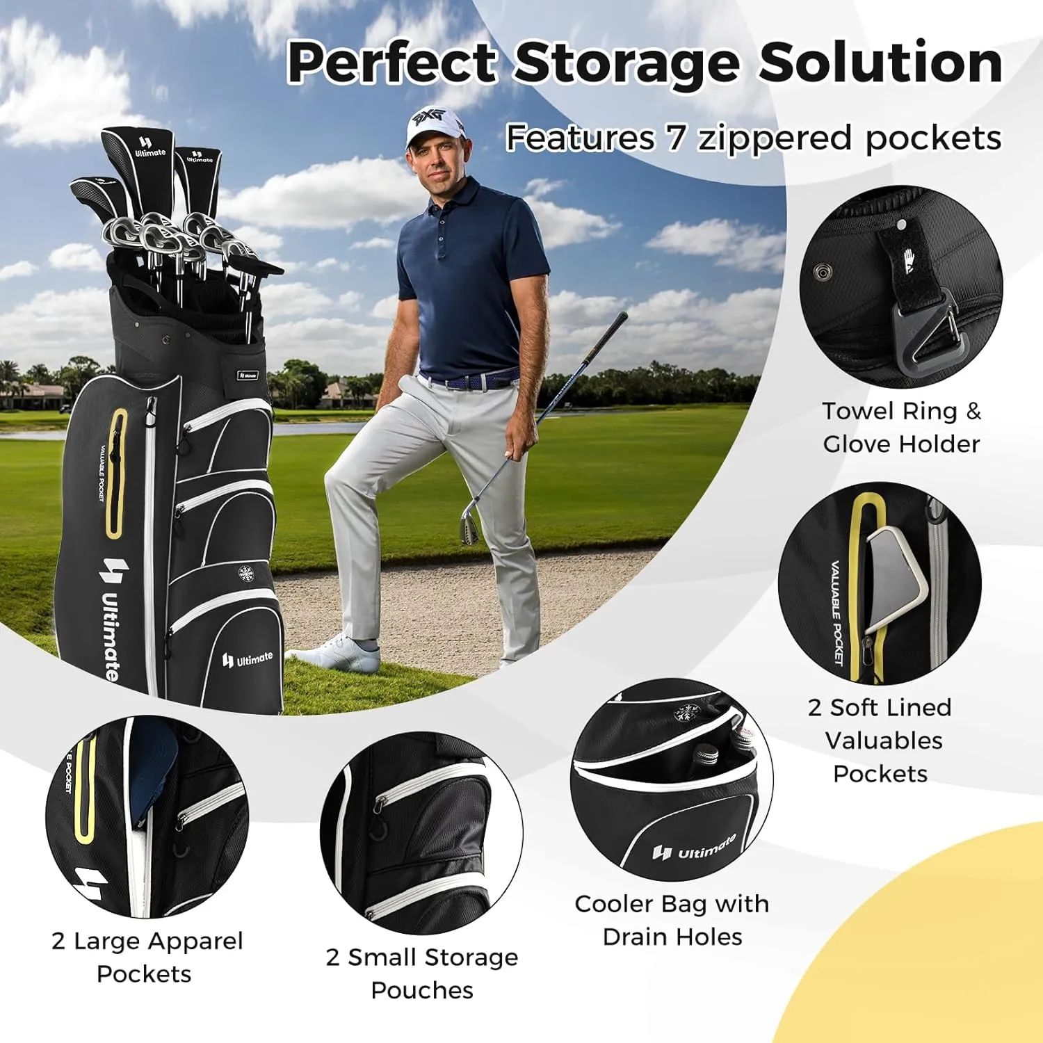 ULTIMATE Golf Cart Bag w/ 15-Way Top Dividers, Lightweight Portable Golf Club Bag w/Individual Putter Holder, 7 Pockets, Cooler Bag, Rain Hood, Umbrella Holder, Padded Shoulder Strap & Handle