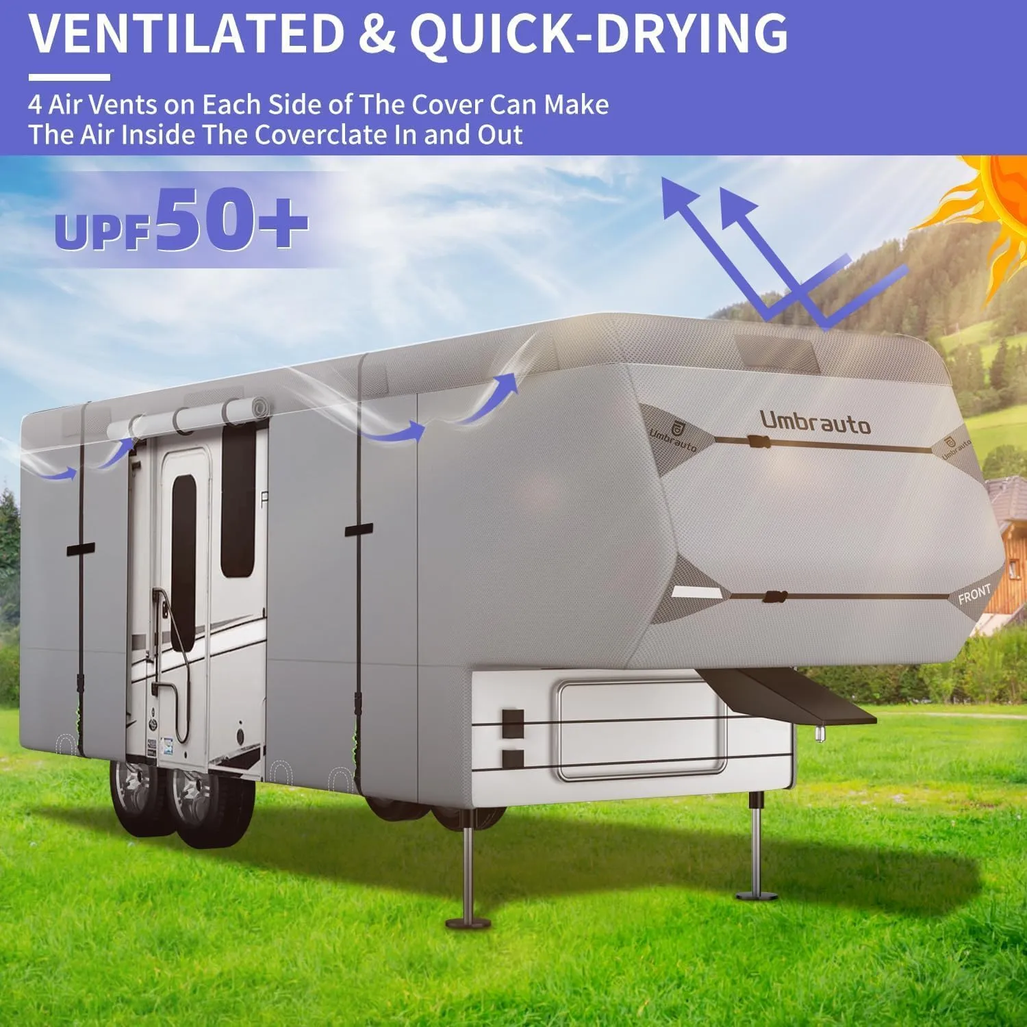 Umbrauto 5th Wheel RV Cover Fits 37' - 40' Travel Trailer Motorhome, Extra-Thick Windproof Camper Cover with 6 Gutter Cover Adhesive Repair Patches, Ladder Cover