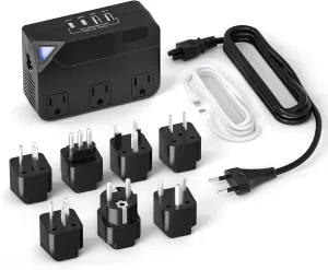 Universal 100V-220V Travel Converter, 250W Travel Voltage Converter for curlers, straighteners, Chargers, Power Plugs with 4 USB Charging Ports and 3 AC Plugs Including A, C, D, G, I, L ，E/F Type