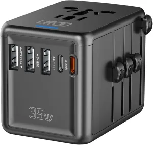 Universal Travel Adapter 35W PD Fast Charging Offers 3 USB-A Ports, 2 USB-C Ports and Multi AC Outlet, International Plug Converter Worldwide Travel Charger All in One for EU US UK AUS