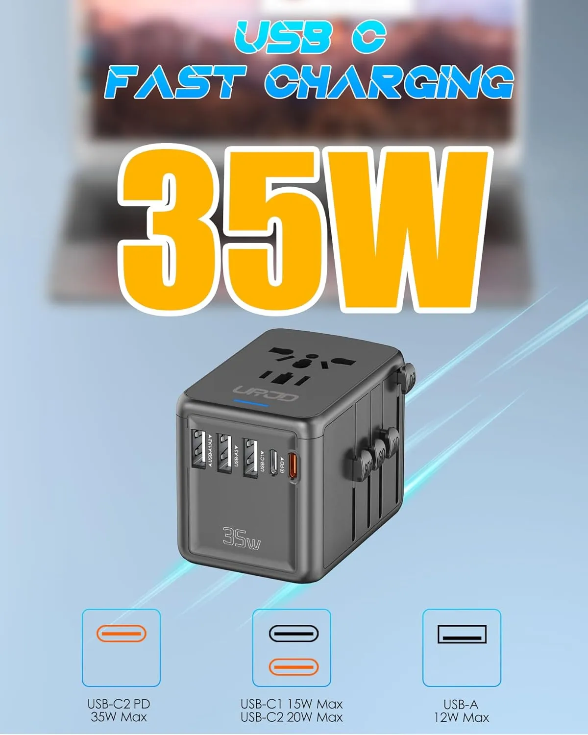 Universal Travel Adapter 35W PD Fast Charging Offers 3 USB-A Ports, 2 USB-C Ports and Multi AC Outlet, International Plug Converter Worldwide Travel Charger All in One for EU US UK AUS