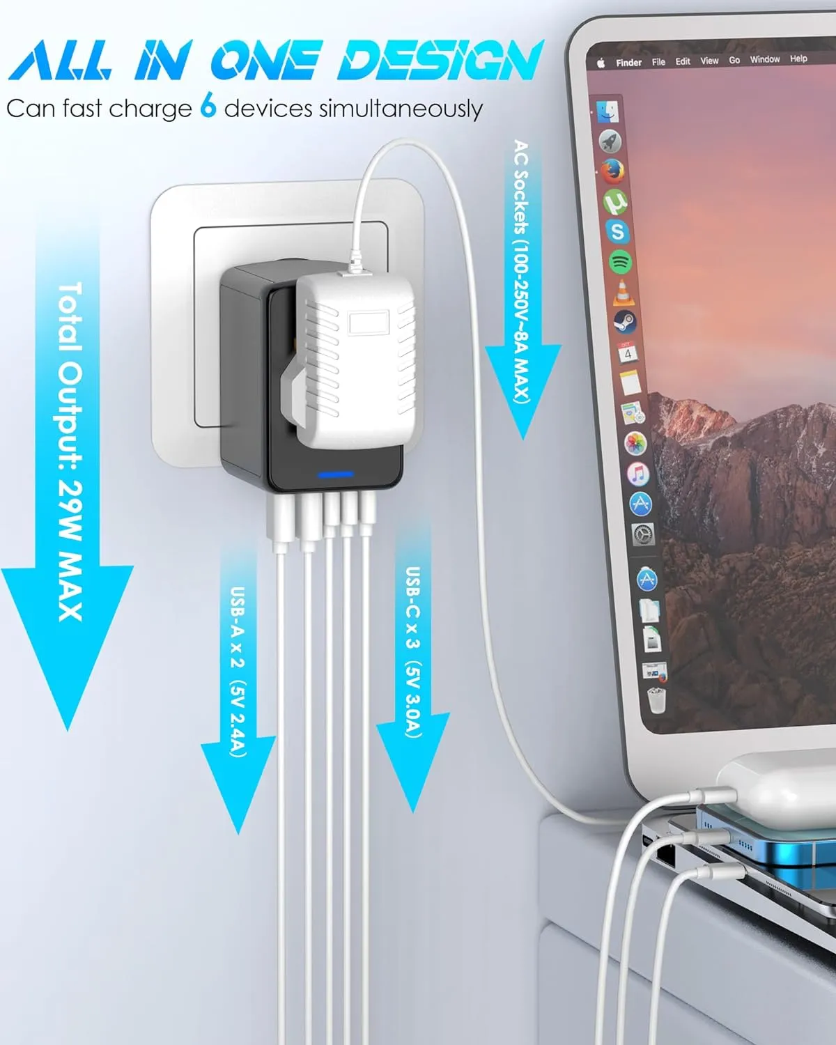 Universal Travel Adapter Offers 5.8A 3X 3.0A USB-C Ports, 2X 2.4A USB-A Ports and Multi AC Outlet, All-in-One International Power Plug Adaptor Worldwide Charger for EU US UK AU 200  Countries-BR