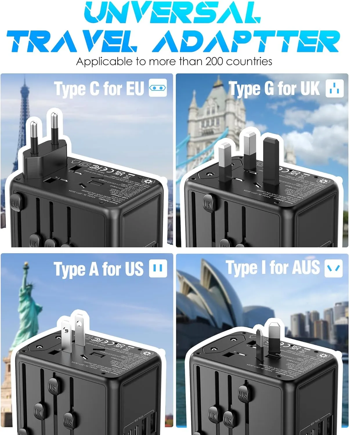 Universal Travel Adapter Offers 5.8A 3X 3.0A USB-C Ports, 2X 2.4A USB-A Ports and Multi AC Outlet, All-in-One International Power Plug Adaptor Worldwide Charger for EU US UK AU 200  Countries-BR