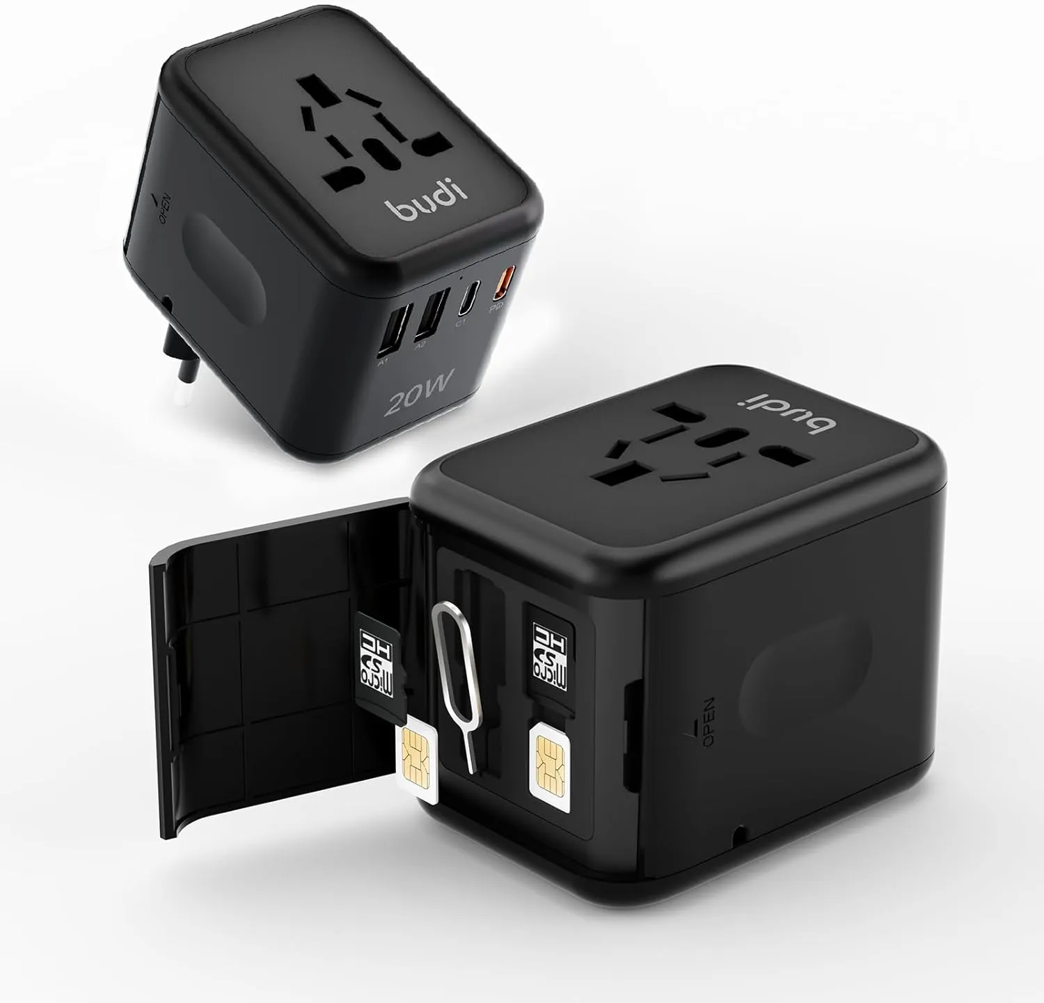 Universal Travel Adapter with Micro SD Card Case TF Card Holder Storage, International Plug Adapter with USB QC and USB PD Fast Charging, All-in-One Wall Charger Worldwide for UK EU AUS/US and JP