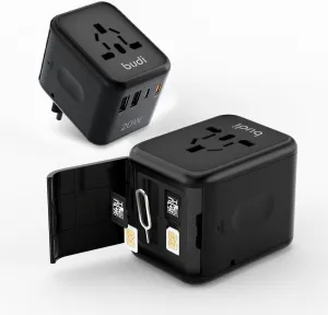 Universal Travel Adapter with Micro SD Card Case TF Card Holder Storage, International Plug Adapter with USB QC and USB PD Fast Charging, All-in-One Wall Charger Worldwide for UK EU AUS/US and JP