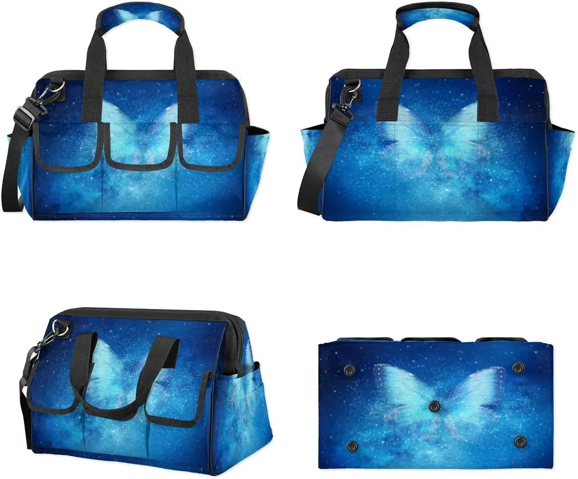 Universe Filled With Stars Butterfly Tool Bag for Men Women Heavy Duty Multi-Pockets Wide Mouth Tool Tote Waterproof Tool Bag Organizer with Adjustable Shoulder Strap