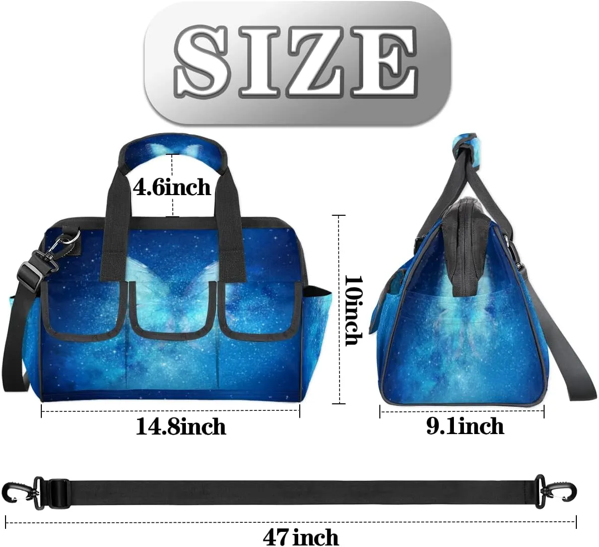 Universe Filled With Stars Butterfly Tool Bag for Men Women Heavy Duty Multi-Pockets Wide Mouth Tool Tote Waterproof Tool Bag Organizer with Adjustable Shoulder Strap