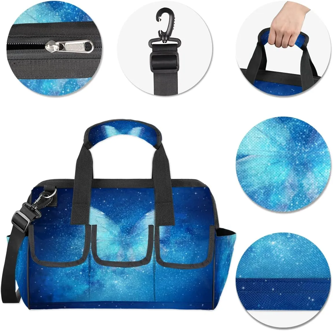 Universe Filled With Stars Butterfly Tool Bag for Men Women Heavy Duty Multi-Pockets Wide Mouth Tool Tote Waterproof Tool Bag Organizer with Adjustable Shoulder Strap