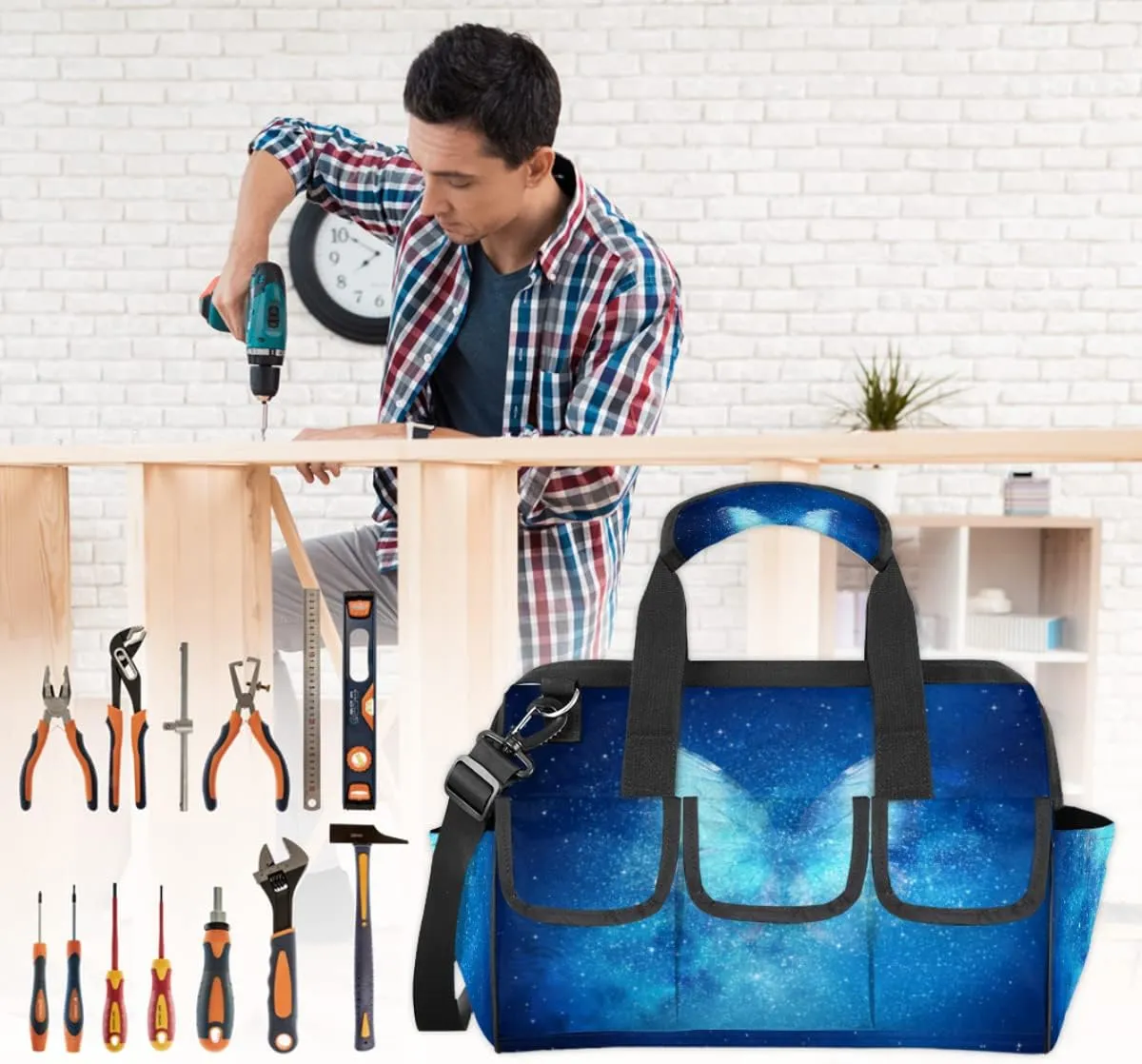 Universe Filled With Stars Butterfly Tool Bag for Men Women Heavy Duty Multi-Pockets Wide Mouth Tool Tote Waterproof Tool Bag Organizer with Adjustable Shoulder Strap