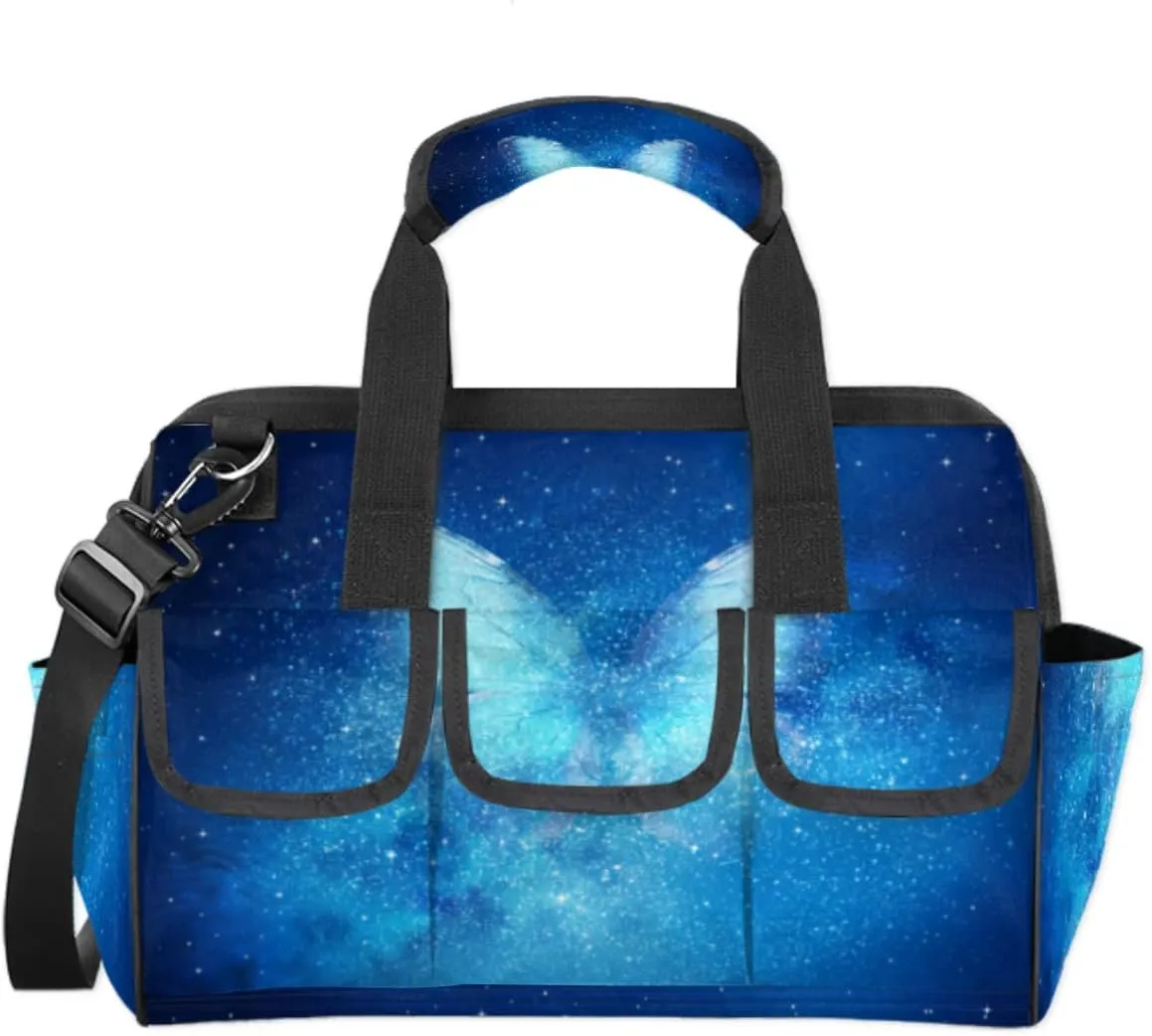 Universe Filled With Stars Butterfly Tool Bag for Men Women Heavy Duty Multi-Pockets Wide Mouth Tool Tote Waterproof Tool Bag Organizer with Adjustable Shoulder Strap