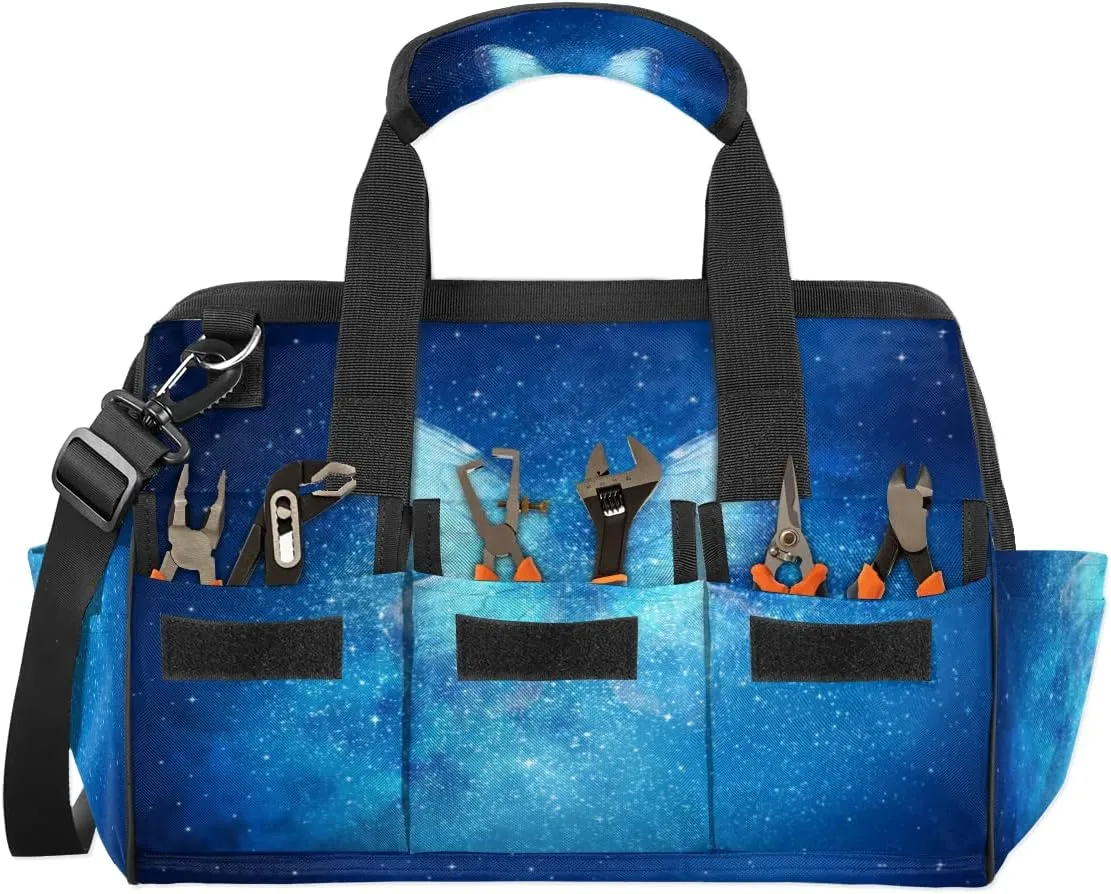 Universe Filled With Stars Butterfly Tool Bag for Men Women Heavy Duty Multi-Pockets Wide Mouth Tool Tote Waterproof Tool Bag Organizer with Adjustable Shoulder Strap