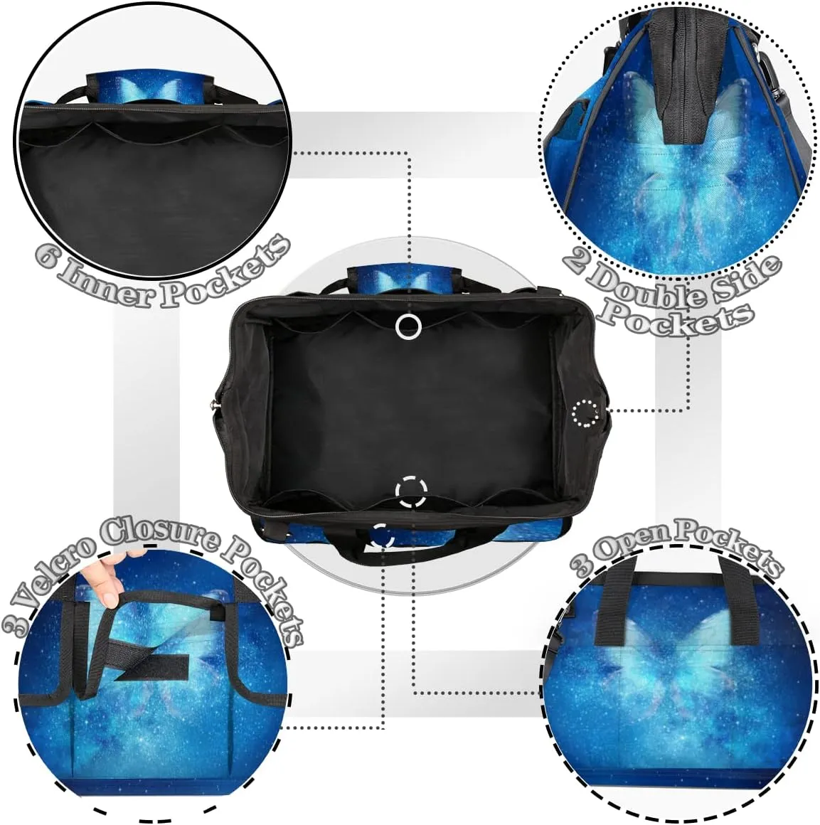 Universe Filled With Stars Butterfly Tool Bag for Men Women Heavy Duty Multi-Pockets Wide Mouth Tool Tote Waterproof Tool Bag Organizer with Adjustable Shoulder Strap