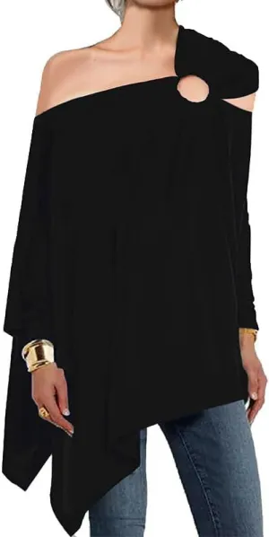 UOOZEE Women's Asymmetrical Long Sleeve Cold Shoulder Tunic Top 2025 Oversized Basic Tee Shirt