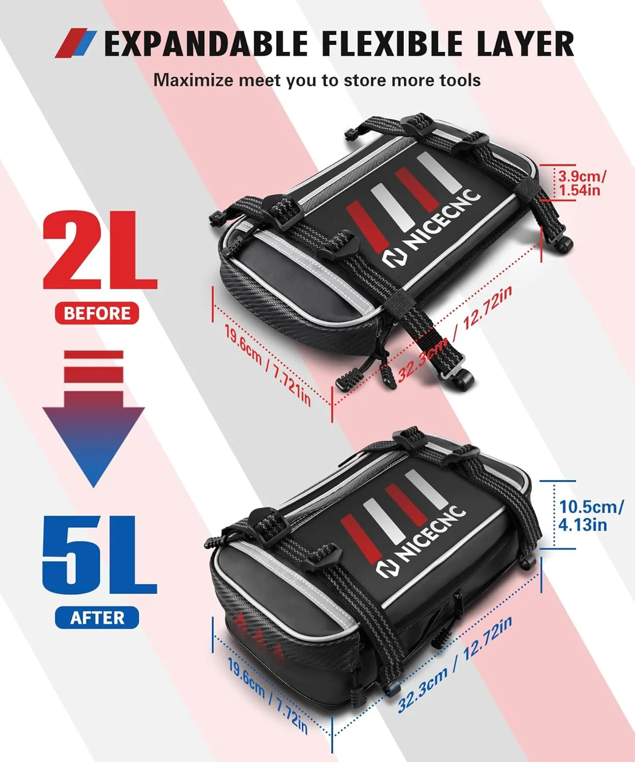 Upgraded Motorcycle Front Fender Bag, 5L Expandable Dirt Bike Fender Bag Tool Roll Bag Universal Motocross Enduro Fender Bag Accessories Storage Bag Fit for Adventure Off-road Riding (Red)