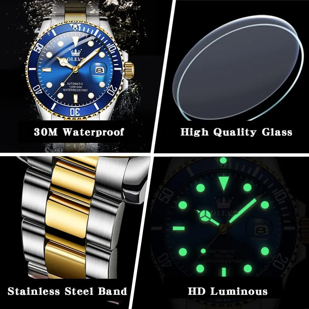 【Upgrade】OLEVS Men's Automatic Watches,Classic Business Big Face Self Winding Mechanical Watch with Date,Luxury Unidirectional Rotating Bezel Waterproof Large Luminous Pointer Watch for Men,Gold Silver Band
