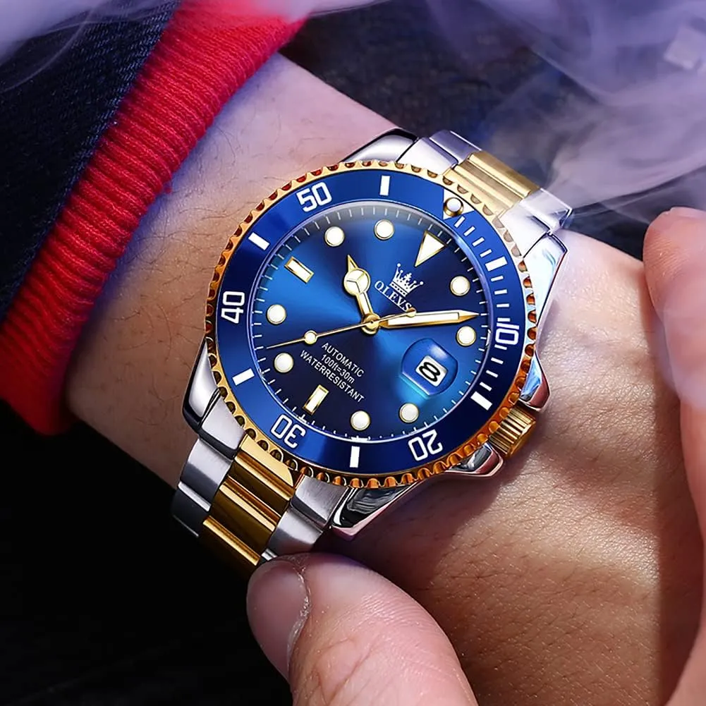 【Upgrade】OLEVS Men's Automatic Watches,Classic Business Big Face Self Winding Mechanical Watch with Date,Luxury Unidirectional Rotating Bezel Waterproof Large Luminous Pointer Watch for Men,Gold Silver Band