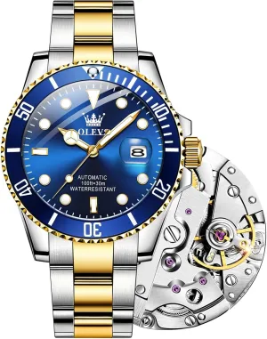 【Upgrade】OLEVS Men's Automatic Watches,Classic Business Big Face Self Winding Mechanical Watch with Date,Luxury Unidirectional Rotating Bezel Waterproof Large Luminous Pointer Watch for Men,Gold Silver Band