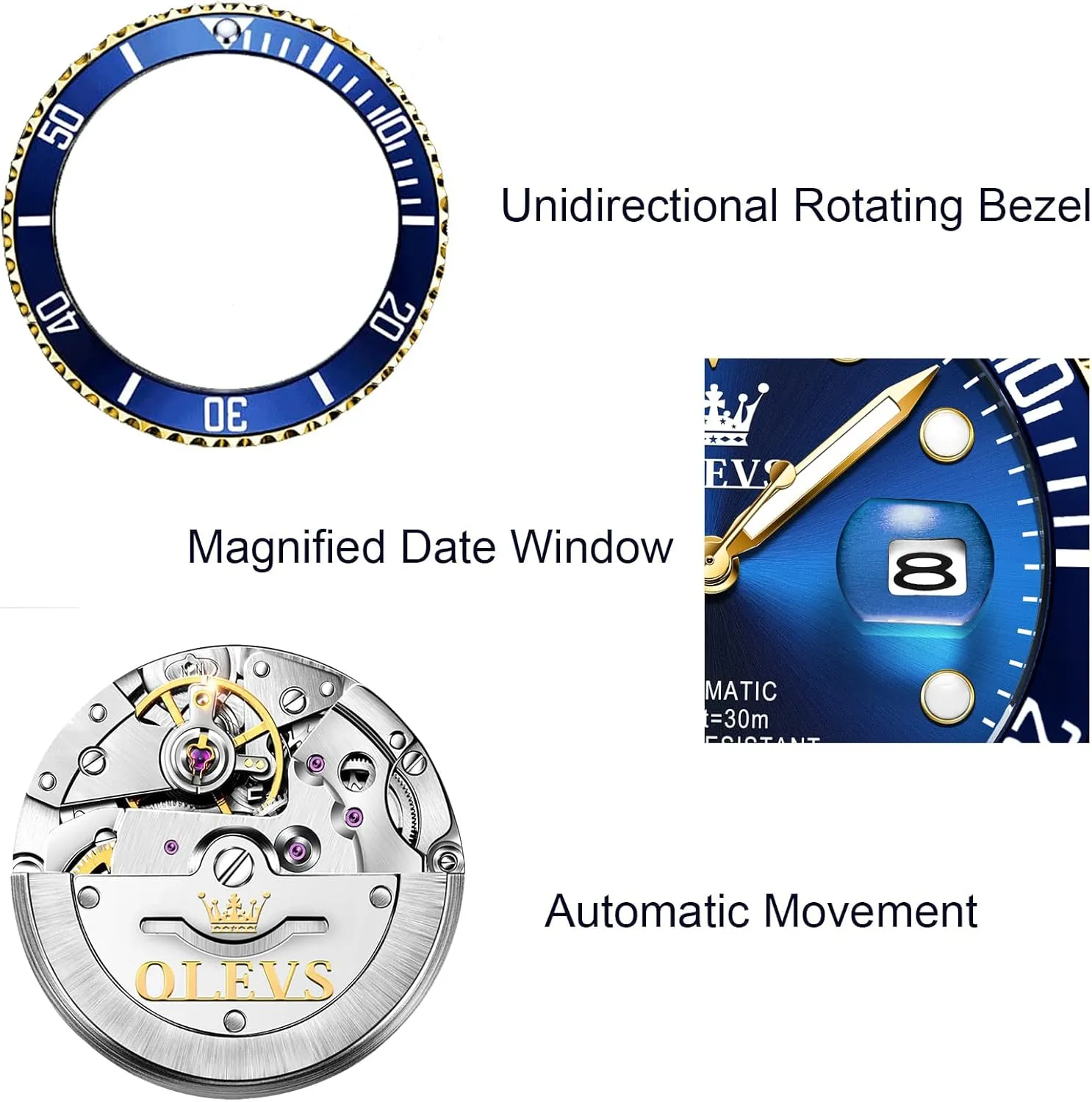 【Upgrade】OLEVS Men's Automatic Watches,Classic Business Big Face Self Winding Mechanical Watch with Date,Luxury Unidirectional Rotating Bezel Waterproof Large Luminous Pointer Watch for Men,Gold Silver Band