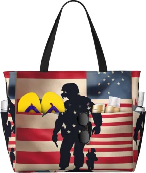 US Military Soldiers Patriotic Memorial Day Print Large Capacity Beach Travel Bag with Zipper and Pockets for Camping Travel Gym