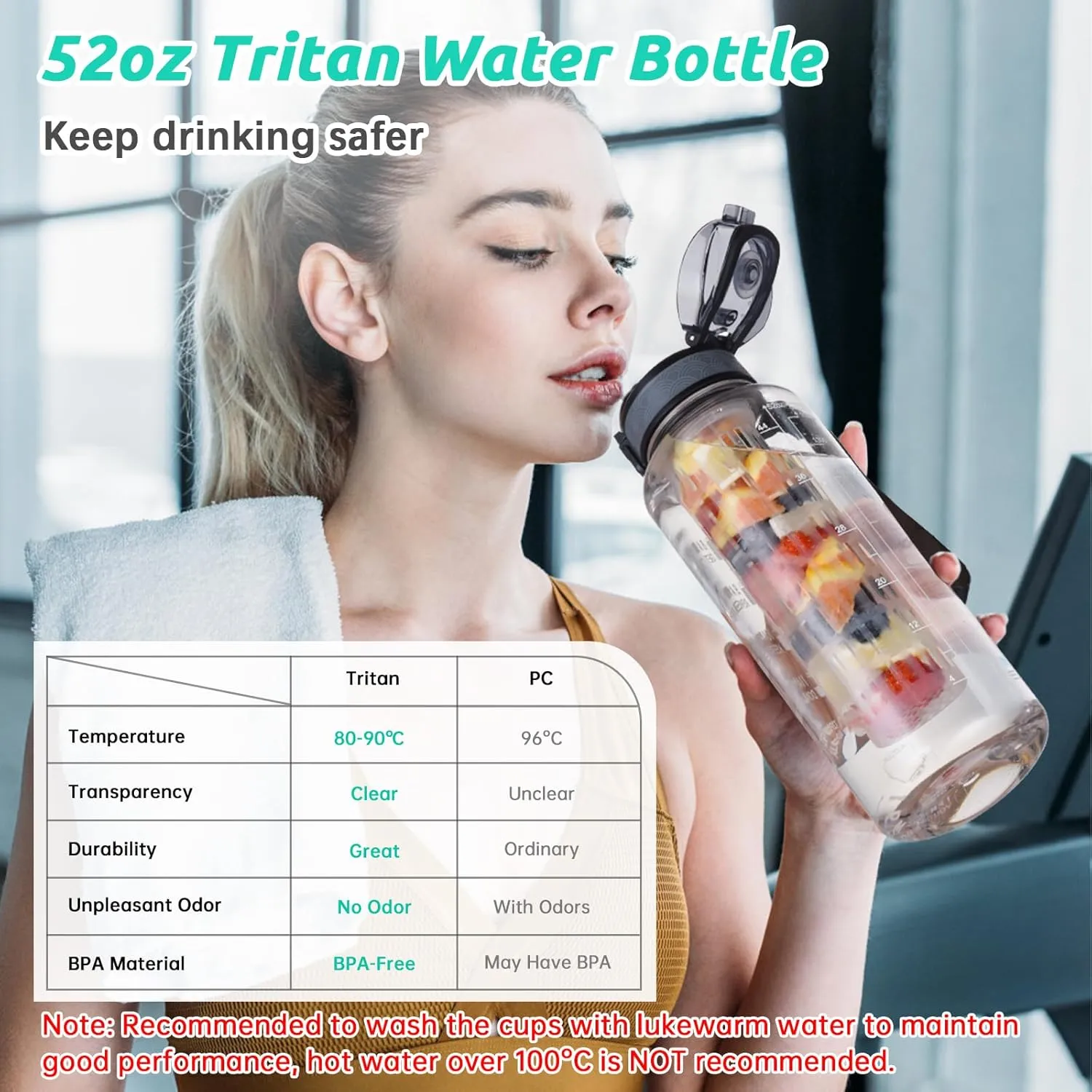 UTEBIT 52 OZ Fruit Infuser Water Bottle, Half Gallon Insulated Sports Water Bottle With Straw, 1.5L BPA Free Leak Proof Tritan Large Water Jug with Strap for Gym, Camping, Travel, Outdoor