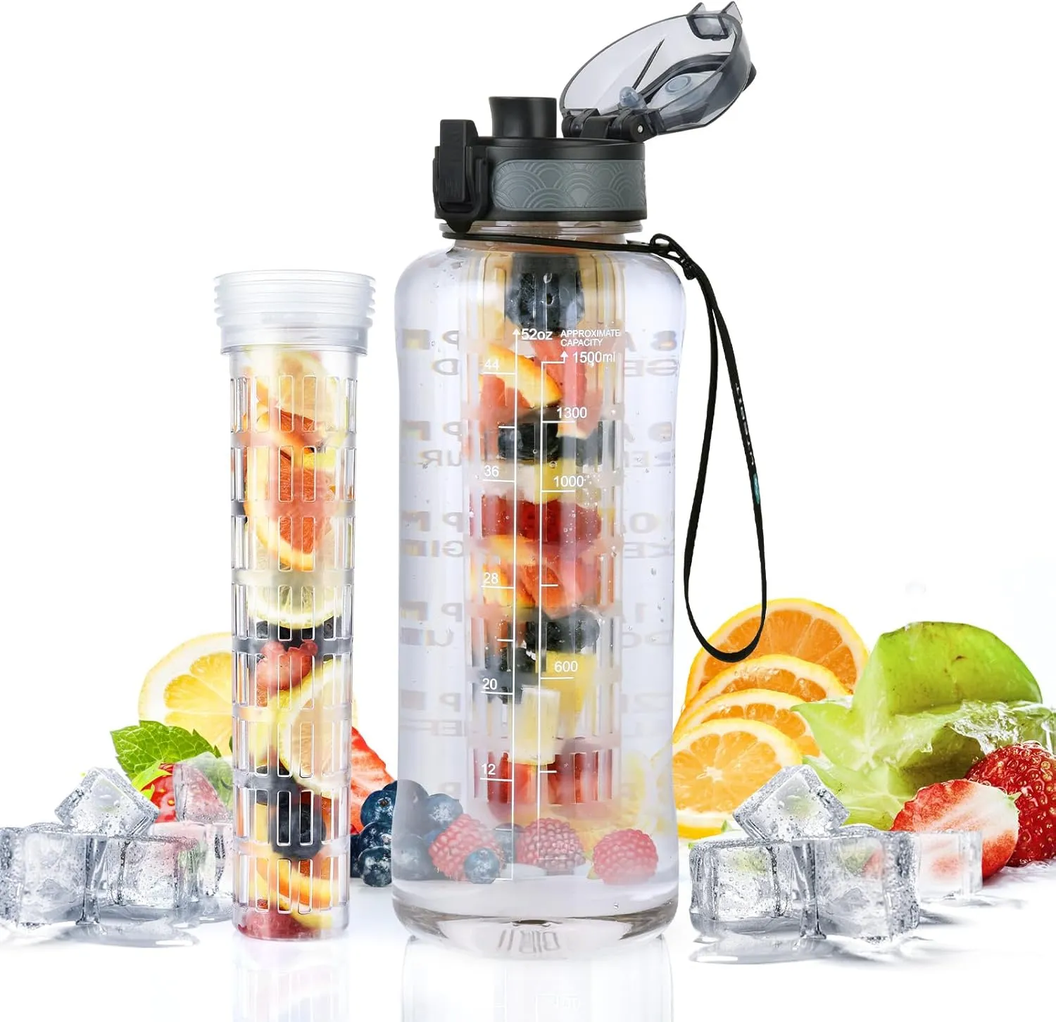 UTEBIT 52 OZ Fruit Infuser Water Bottle, Half Gallon Insulated Sports Water Bottle With Straw, 1.5L BPA Free Leak Proof Tritan Large Water Jug with Strap for Gym, Camping, Travel, Outdoor