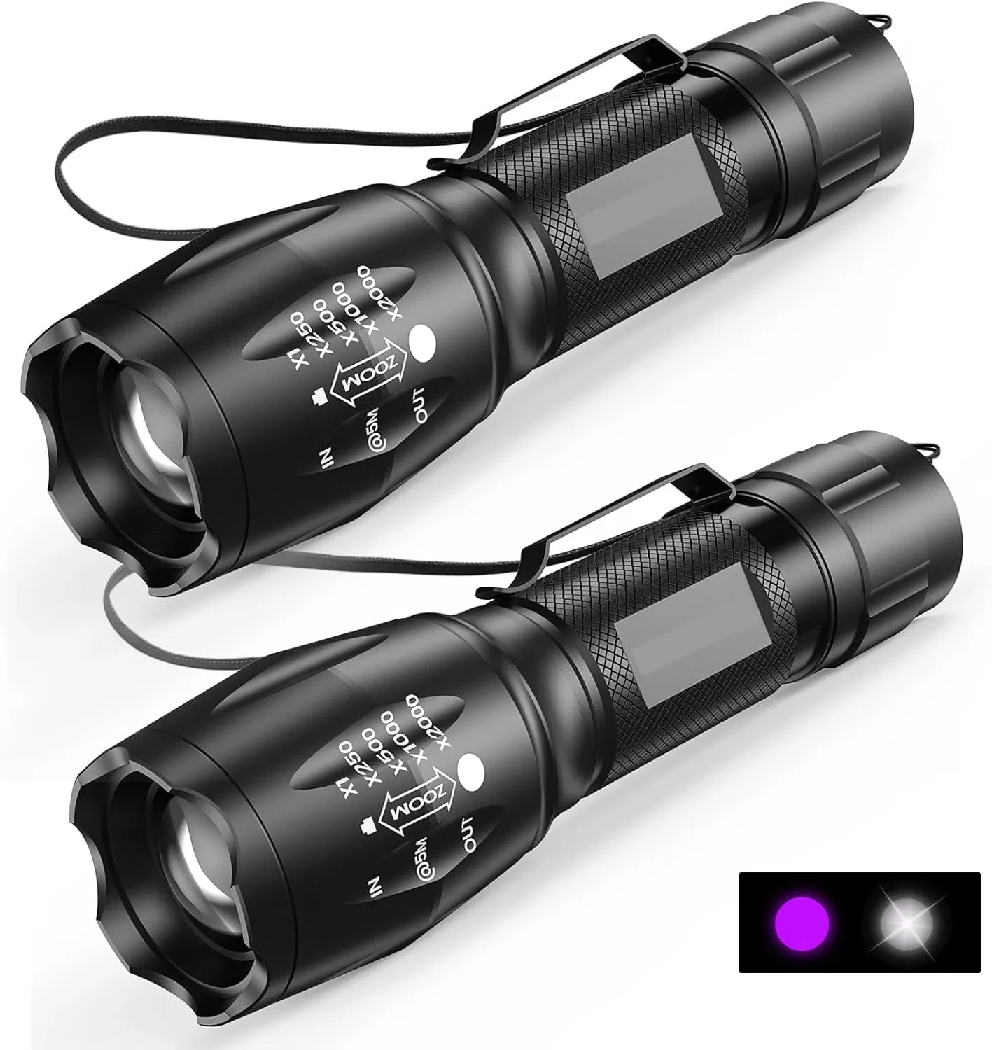 UV Flashlight, Portable Blacklight Flashlight, LED Torch with White and Ultraviolet Light Combo, Black Light Pet Urine Detector for Dog Cat Pee, ID Check, AC Leak, Bed Bug, Rocks, Resin (2)