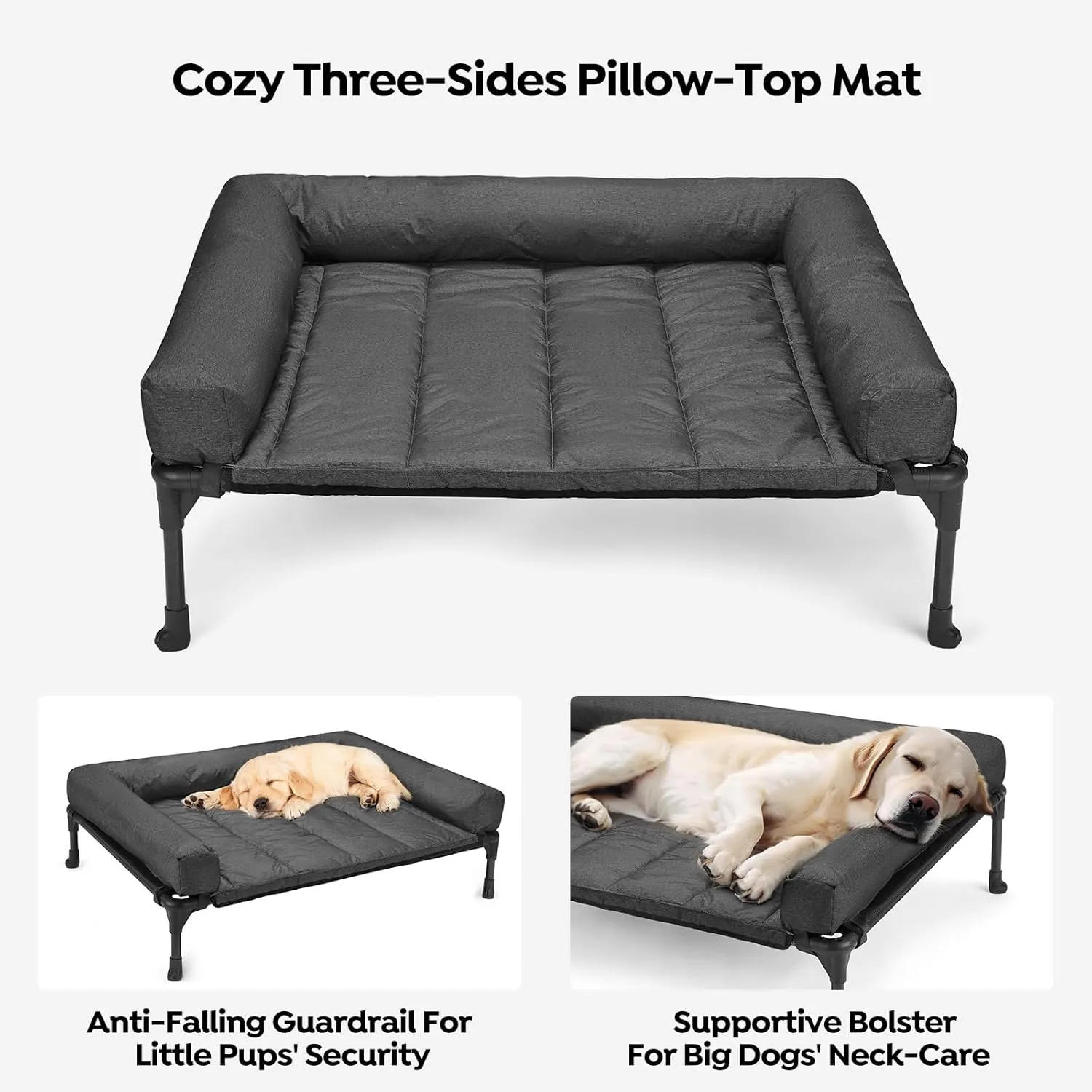 Veehoo Cooling Elevated Dog Bed Add Removable Waterproof Bolster Cushion Mat, Raised Pet Cot with Breathable Teslin Mesh, No-Slip Feet, Dog Sofa Bed for Indoor Outdoor, XLarge, Black CWC2331B
