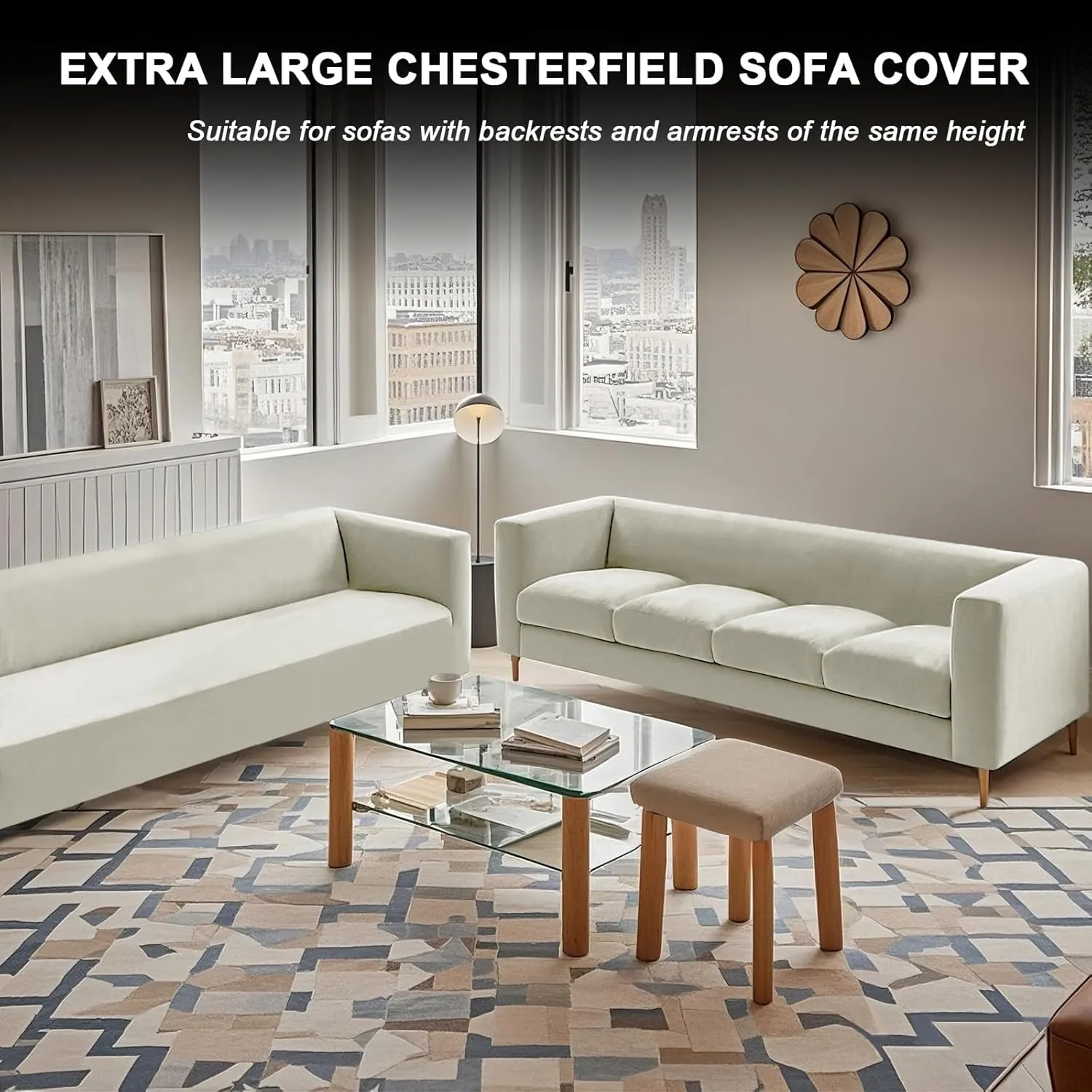 Velvet Chesterfield Sofa Cover, Extra Large Vintage Couch Covers, Stretch Sofa Slipcovers with Seat Cushion Covers, Living Room Furniture Protector (Ivory,Main Cover)