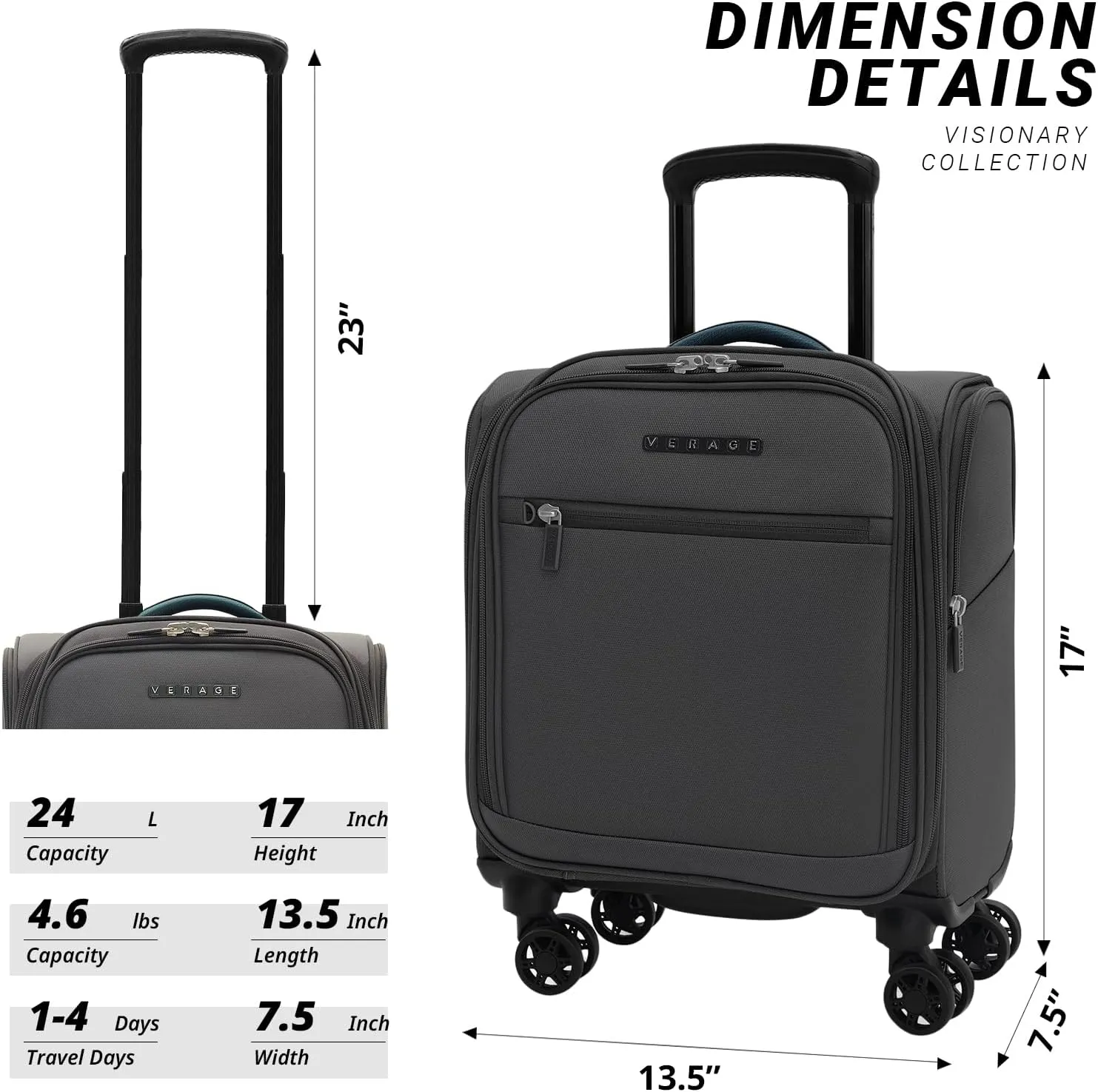 Verage 14 inch Underseat Carry On Luggage with Wheels, Grey Softside Small Suitcase Spinner Wheeled Rolling Travel Laptop Bag for Airlines Airplanes Short Trip Men Women