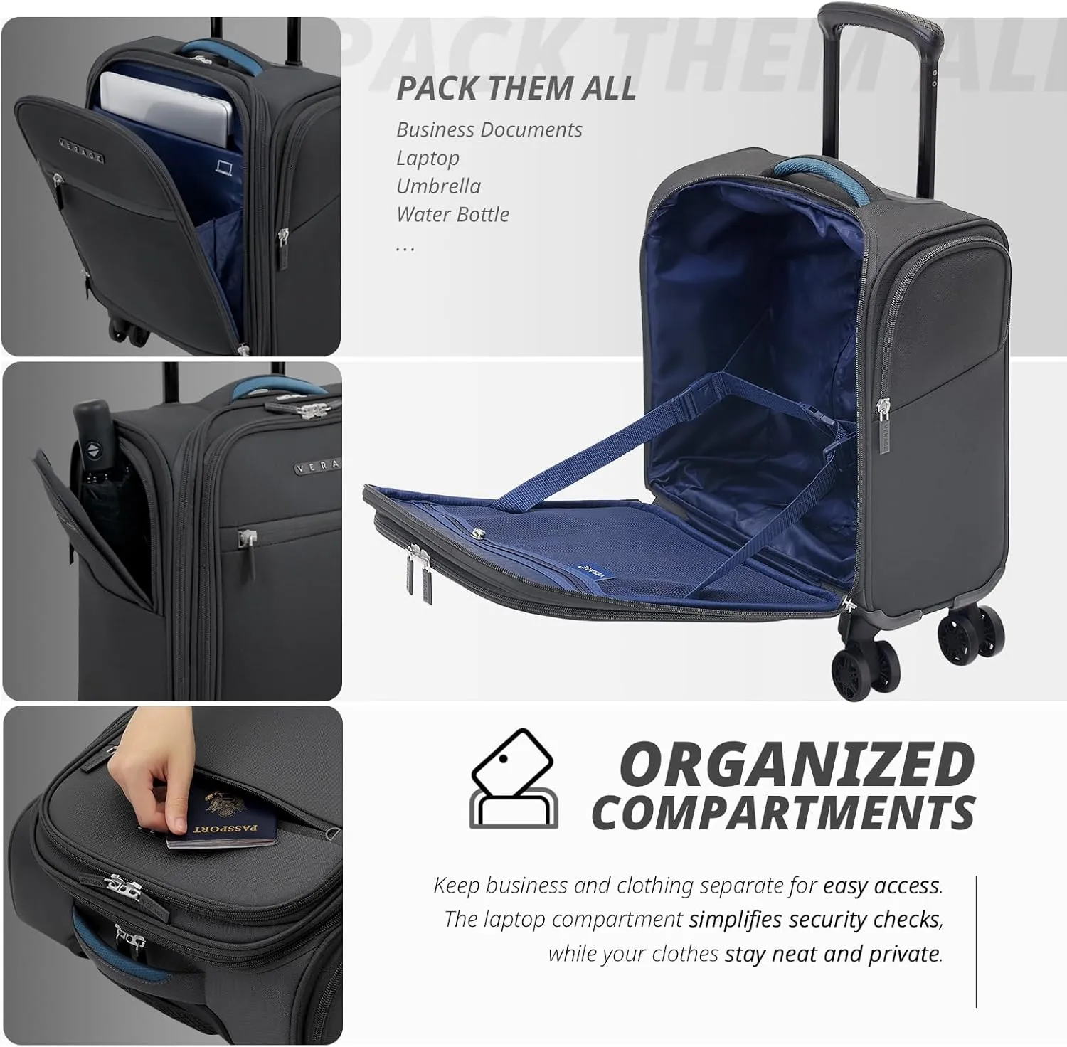 Verage 14 inch Underseat Carry On Luggage with Wheels, Grey Softside Small Suitcase Spinner Wheeled Rolling Travel Laptop Bag for Airlines Airplanes Short Trip Men Women