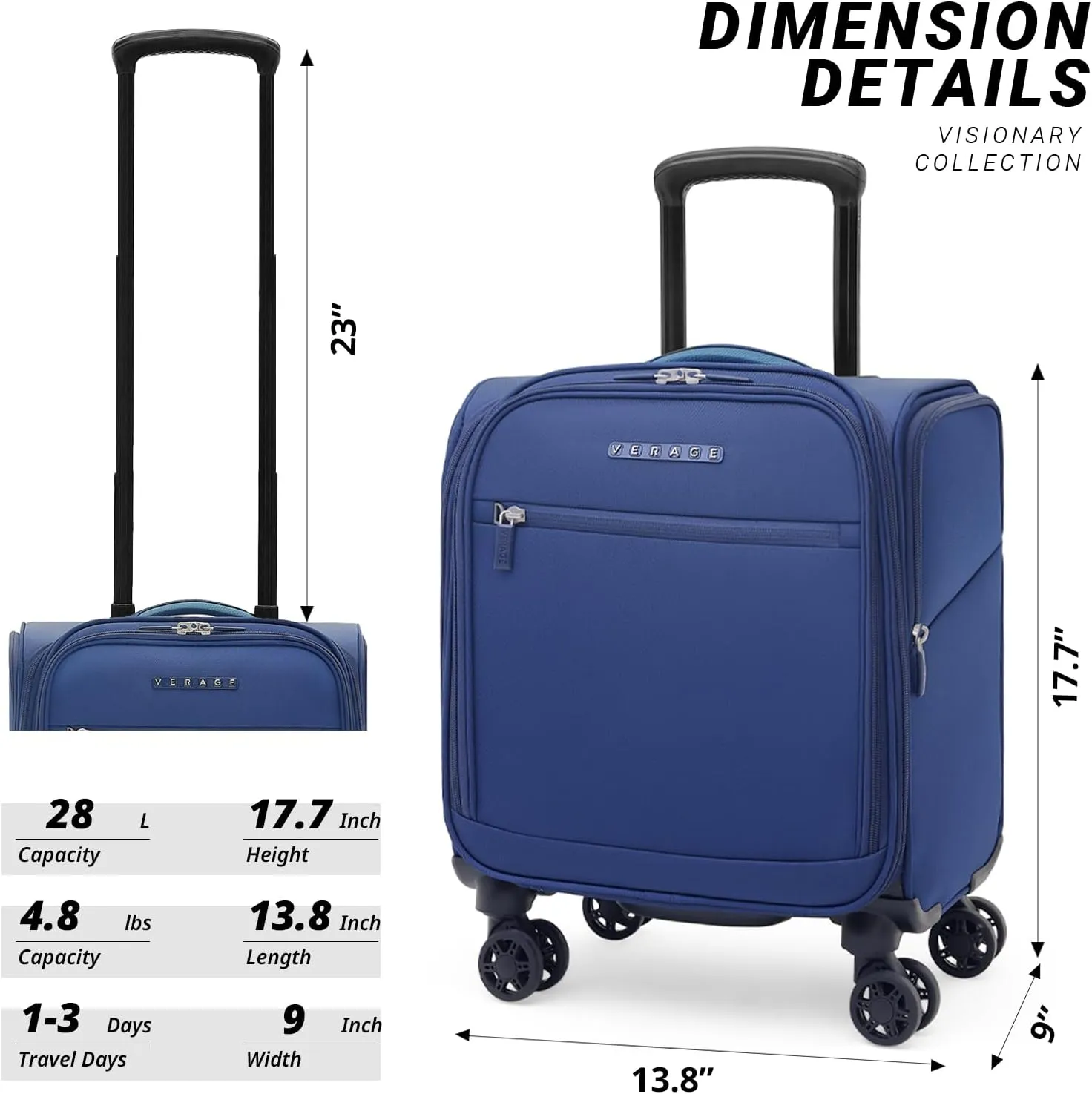 Verage 14.5 inch Underseat Carry On Luggage with Wheels, Navy Softside Small Suitcase Spinner Wheeled Rolling Travel Laptop Bag for Airlines Airplanes Short Trip Men Women