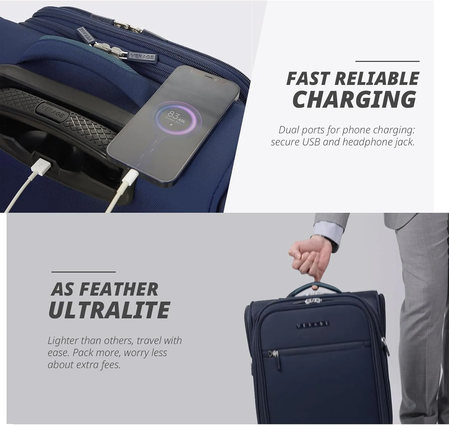 Verage 14.5 inch Underseat Carry On Luggage with Wheels, Navy Softside Small Suitcase Spinner Wheeled Rolling Travel Laptop Bag for Airlines Airplanes Short Trip Men Women